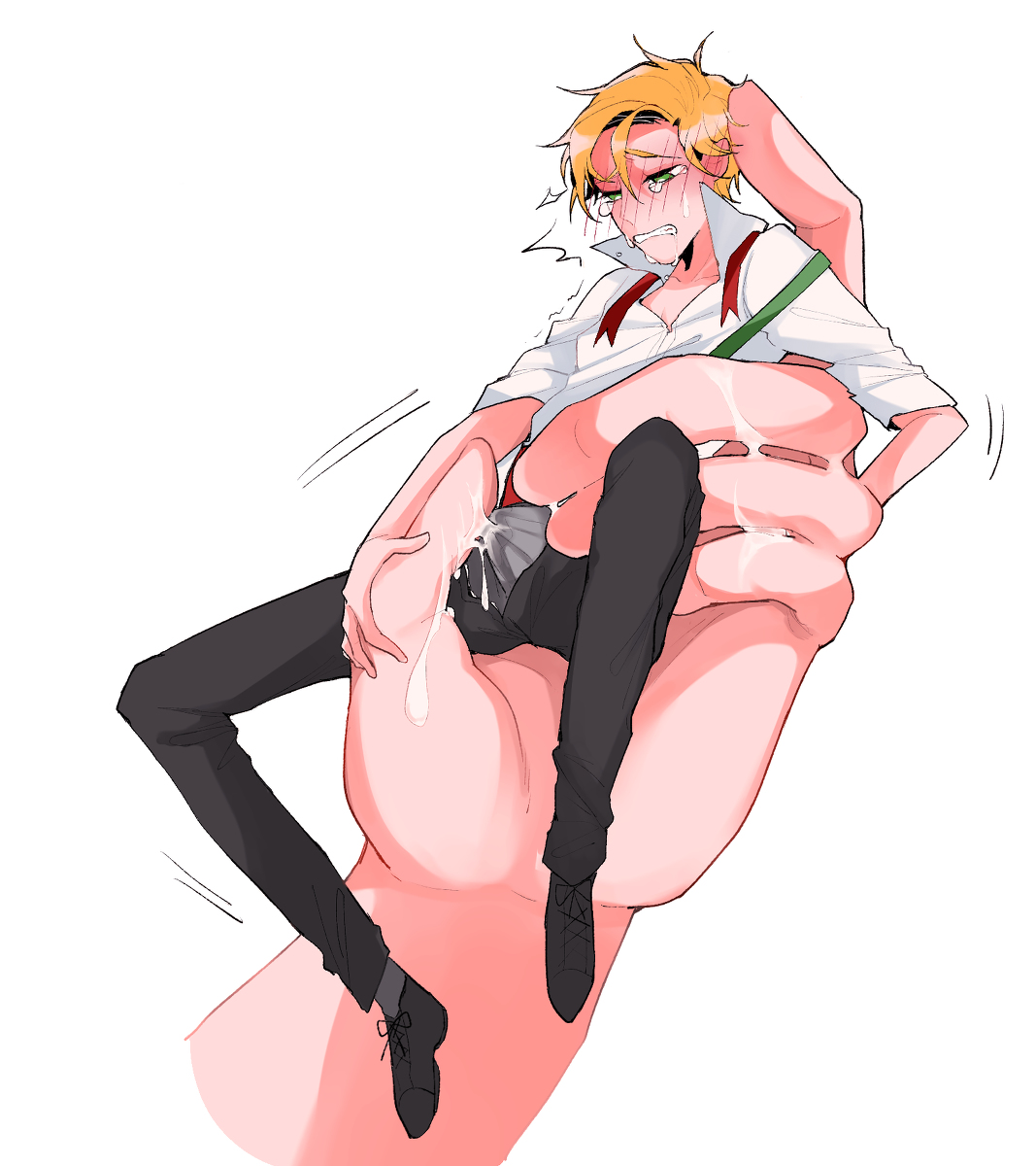 1boy, blush, buldge, cookie run, cum, disembodied hand, gay, male, micro male, sparkling cookie, through clothes, yaoi