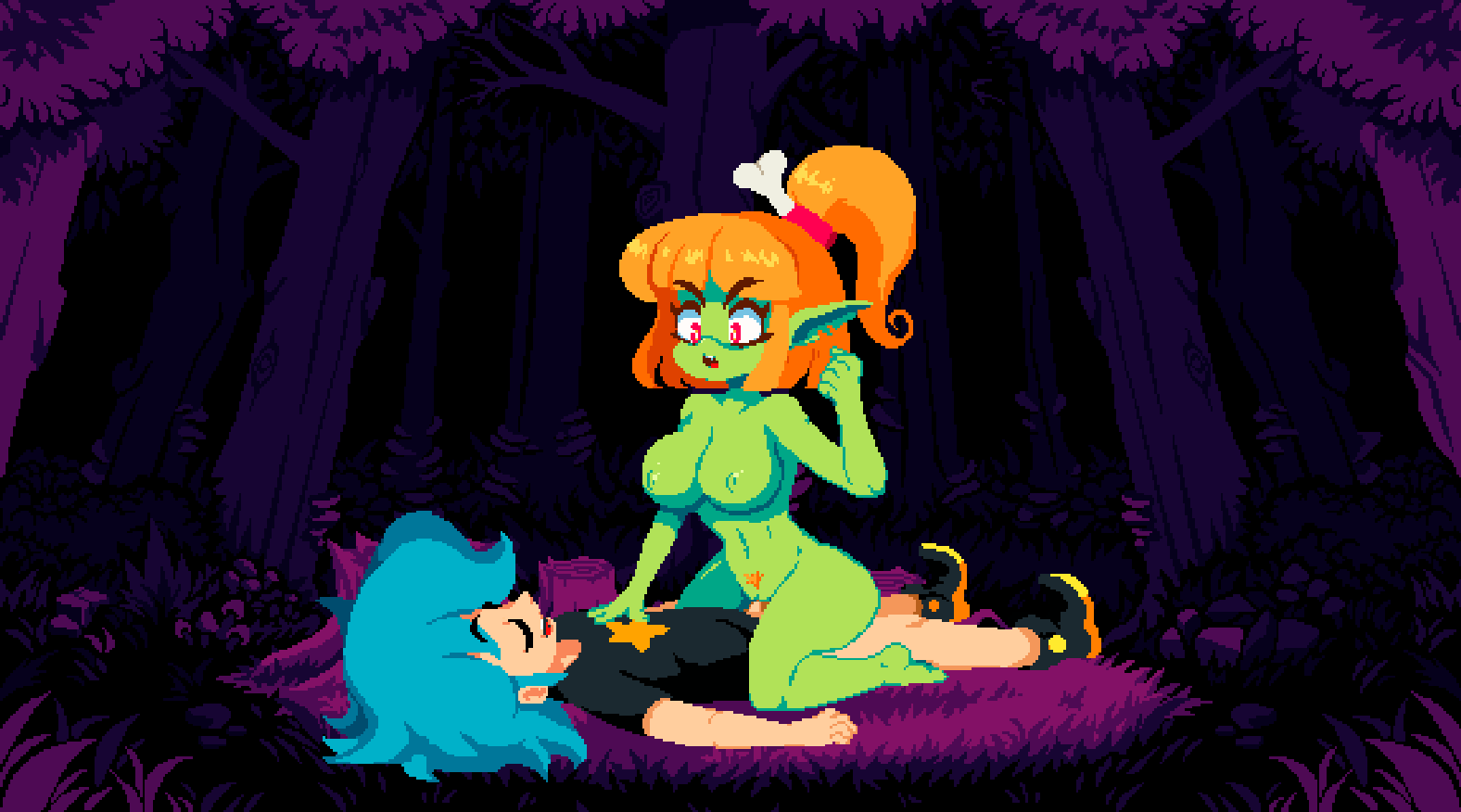 animated, assertive female, bone hair ornament, color, colored, cowgirl position, cum, cum in pussy, edit, edited, female, flipwitch : forbidden sex hex, game cg, goblin, goblin female, green skin, orange hair, pixel animation, pixel art, pussy, sprite, tagme, third-party edit