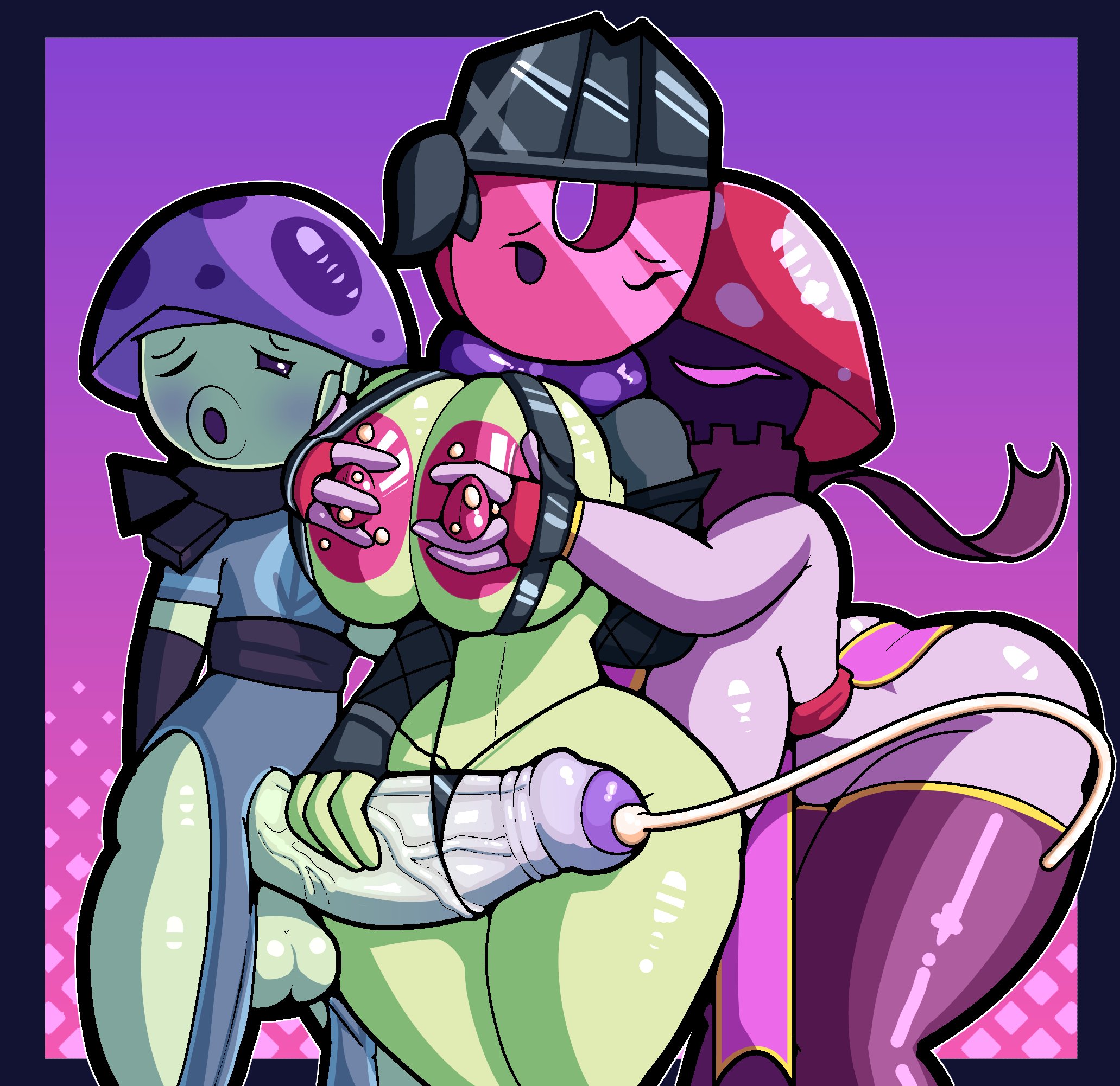 1boy, 2girls, bandana, barely clothed, bisexual, blush, breasts, cumming, doregami, dress, electronic arts, female, femboy, femboy on female, foreskin, grabbing breasts, handjob, huge cock, hung femboy, hung trap, large breasts, magnet-shroom (pvz), male, mushroom, nightcap (pvz:bfn), nightcap (pvz), partially retracted foreskin, penis, plants vs zombies, plants vs zombies: heroes, plants vs. zombies, popcap games, puff-shroom (pvz), purple areola, red areola, retracted foreskin, tagme, thong, thong aside, uncircumcised, uncut, yuri