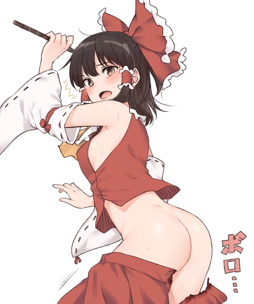 ass, big ass, big butt, black hair, blush, embarrassed, female, miyo (ranthath), reimu hakurei, ripped clothing, sweatdrop, touhou