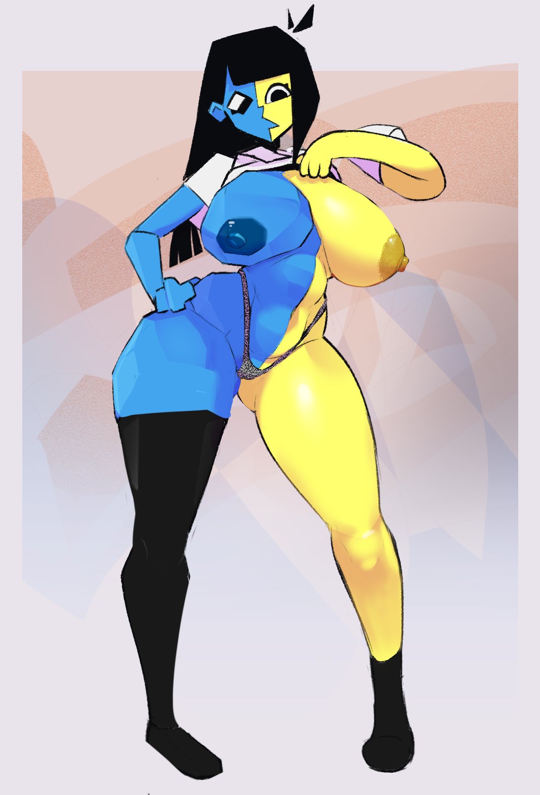 1girls areolae artform42nd big_ass big_breasts big_thighs blue_skin ena female female_only joel_g multicolored_body newgrounds nipples nude polygonal shirt_lift showing_breasts sideass solo solo_female static thong tits underwear yellow_body