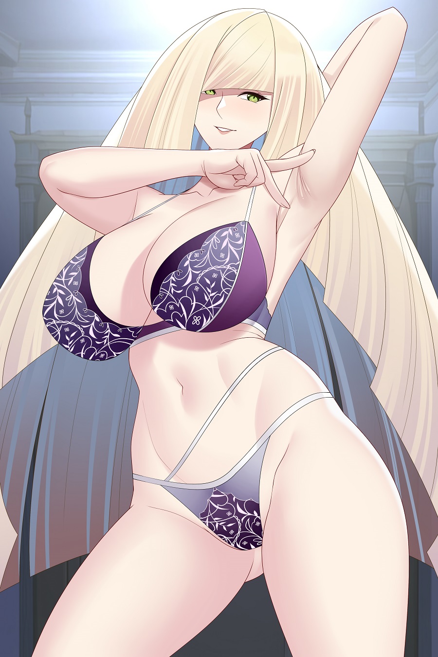 1girls, alternate breast size, armpit fetish, armpits, aslindsamure, blonde hair, bra, breasts, female, game freak, green eyes, hips, huge breasts, lingerie, long hair, lusamine (pokemon), mature female, milf, mother, nintendo, panties, pokemon, pokemon sm, spreading armpit, thick thighs, thighs, wide hips