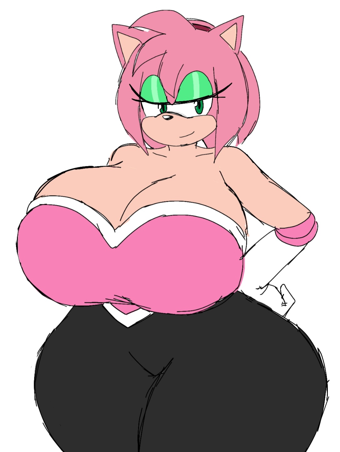 1girls, 2020s, 2023, amy rose, amy the bat, anthro, ass, big ass, big breasts, bodysuit, boob window, breast focus, breasts, cleavage, clothed, cowboy shot, curvy, elbow gloves, female, female only, front view, fur, furry, gloves, huge ass, huge breasts, jpeg, mobian (species), momiji (artist), naughty face, no bra, rouge the bat, rouge the bat (cosplay), sega, sideboob, sonic (series), thick thighs, wide hips