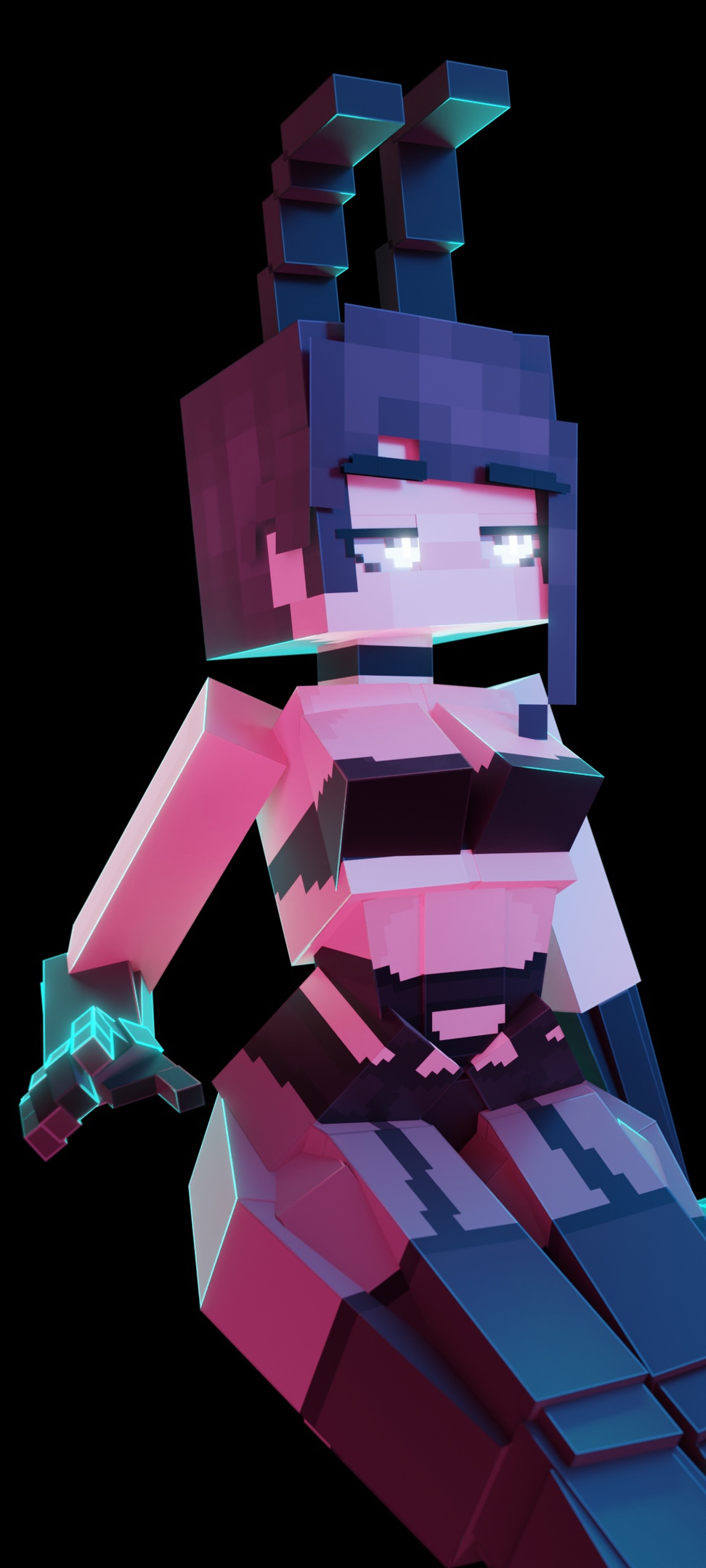 1girls 1thekeks 1thekeks_(duobin) 3d 3d_(artwork) blender blender_cycles blue_eyes bra breasts bunny_ears duobin garter_belt gloves glowing_eyes hourglass_figure legwear medium_breasts mine-imator minecraft minecraft_trailer_edges_highlights open_eyes original_character purple_hair underwear wide_hips