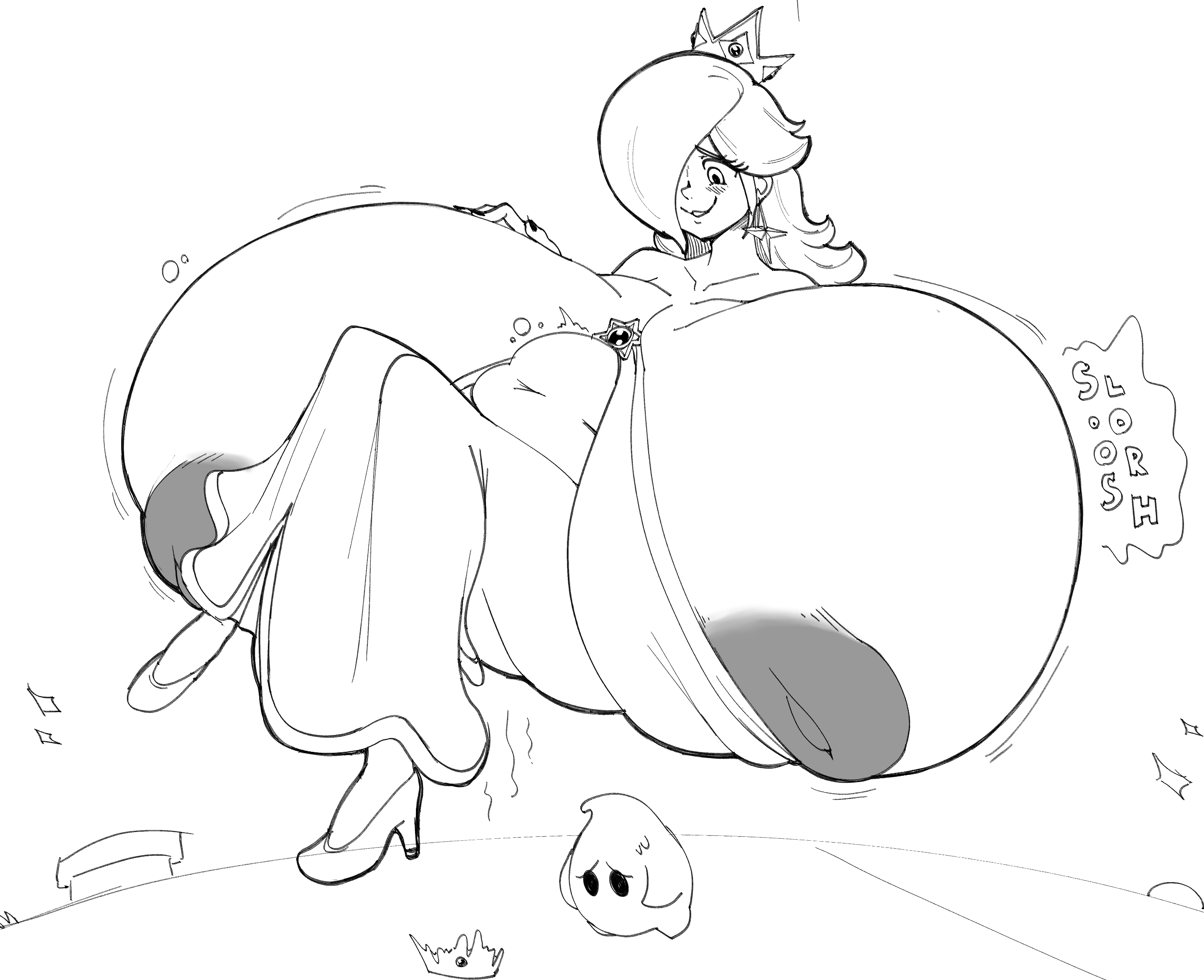 1girls, areolae, black and white, breasts, breasts bigger than body, breasts bigger than head, breasts bigger than torso, chubby belly, clothing, crown, digestion, digestion noises, dress, fat breasts, fat nipples, female, female focus, fof, fourofour, full body, greyscale, hair over one eye, high heels, huge breasts, hyper breasts, long hair, long-haired female, luma, mario (series), massive breasts, monochrome, multiple prey, nintendo, nipples, nipples showing, post-vore, post-vore weight gain, princess rosalina, sloshing breasts, super mario galaxy, vore