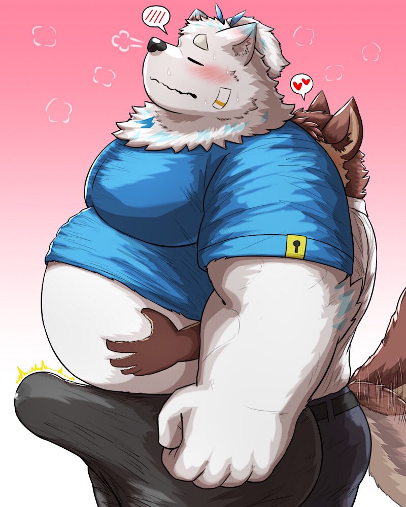 anthro belly blush canid canine canis clothed clothing dog_operator domestic_dog duo embrace erection erection_under_clothing fur hug hugging_from_behind lifewonders live_a_hero male male/male mammal nordic_sled_dog nullraihigi overweight protagonist_(live_a_hero) samoyed size_difference spitz tail tail_motion tailwag tenting white_body white_fur yohack