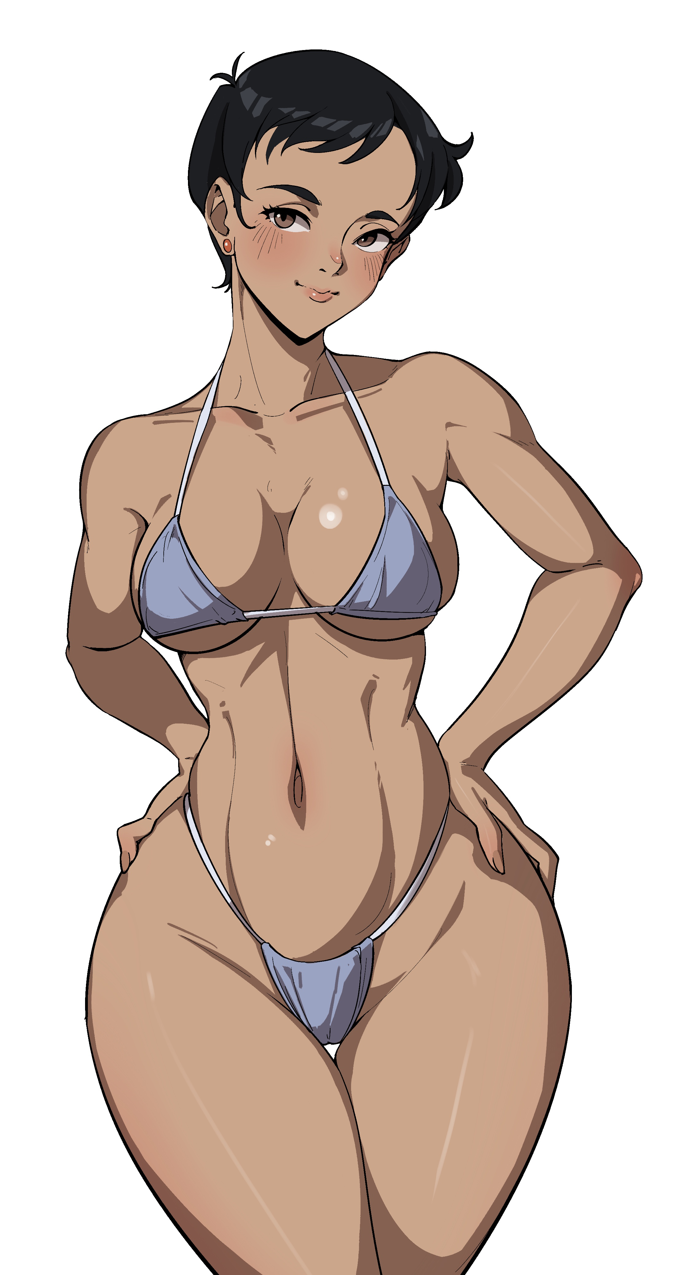 1girls, big breasts, bikini, bikini bottom, bikini top, black hair, blue bikini, blush, bottomwear, breasts, brown eyes, cleavage, cloudy rain4, dc, dc comics, ear piercing, earrings, female, female only, hair, hands on hips, hips, lois lane, lois lane (my adventures with superman), my adventures with superman, short hair, smile, solo, solo female, superman (series), swimwear, thick thighs, thighs, tomboy, topwear, wide hips
