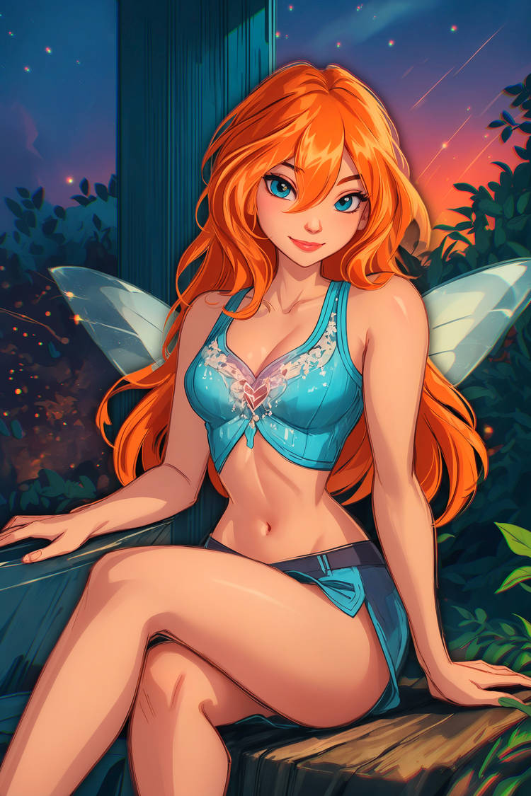 1girls, ai generated, bloom (winx club), bra, fairy, female, female focus, female only, jpeg, rainbow, rainbow (animation studio), red hair, smile, solo, wings, winx club