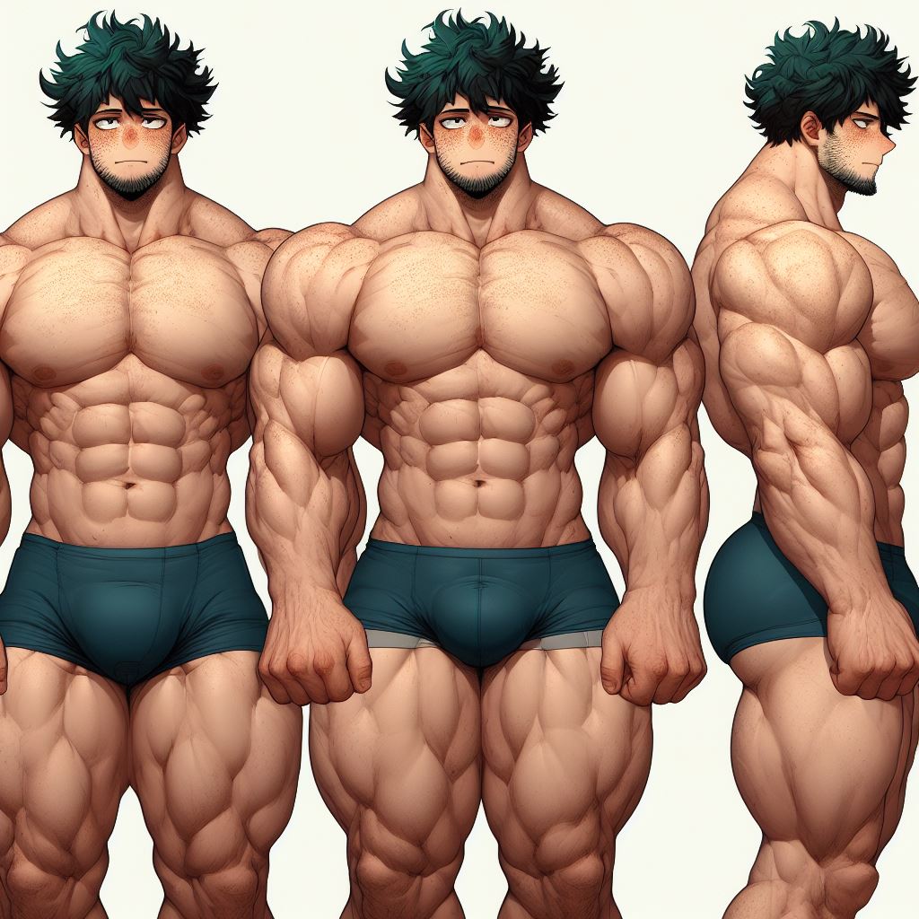 1boy 1male 1man abs ai_generated bara bara_tiddies bara_tits biceps big_muscles concept_art crotch_bulge deltoids hyper_muscles izuku_midoriya large_pecs large_pectorals male_focus male_nipples male_only man man_boobs man_breasts man_tits manly masculine masculine_male muscle my_hero_academia pecs pectorals shorts tired_eyes trapezius