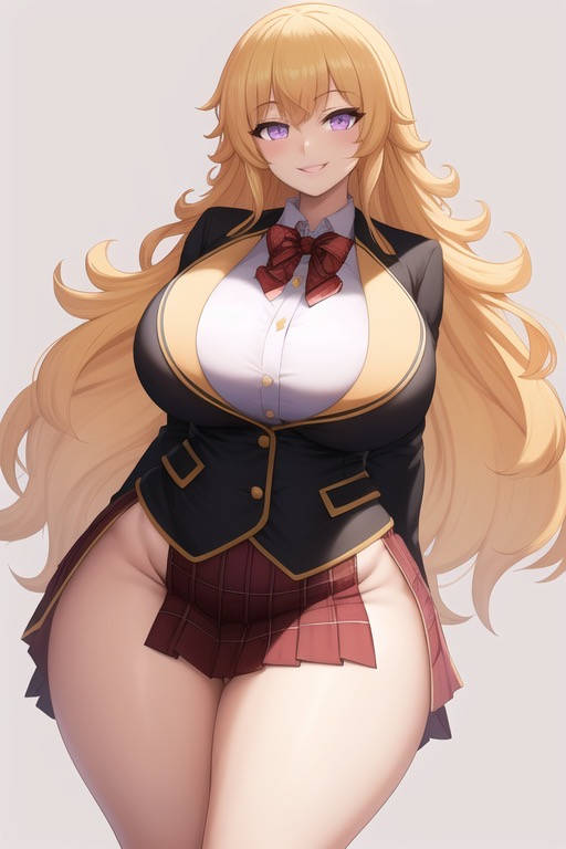 1girls ai_generated big_breasts blonde_hair clothing curvaceous curvy curvy_female curvy_figure exposed_thighs eyes female female_focus female_only huge_breasts large_breasts light-skinned_female light_skin long_hair looking_at_viewer miniskirt no_panties pantyless purple_eyes rwby school_uniform schoolgirl thick thick_thighs transformationwitch voluptuous voluptuous_female wide_hips yang_xiao_long