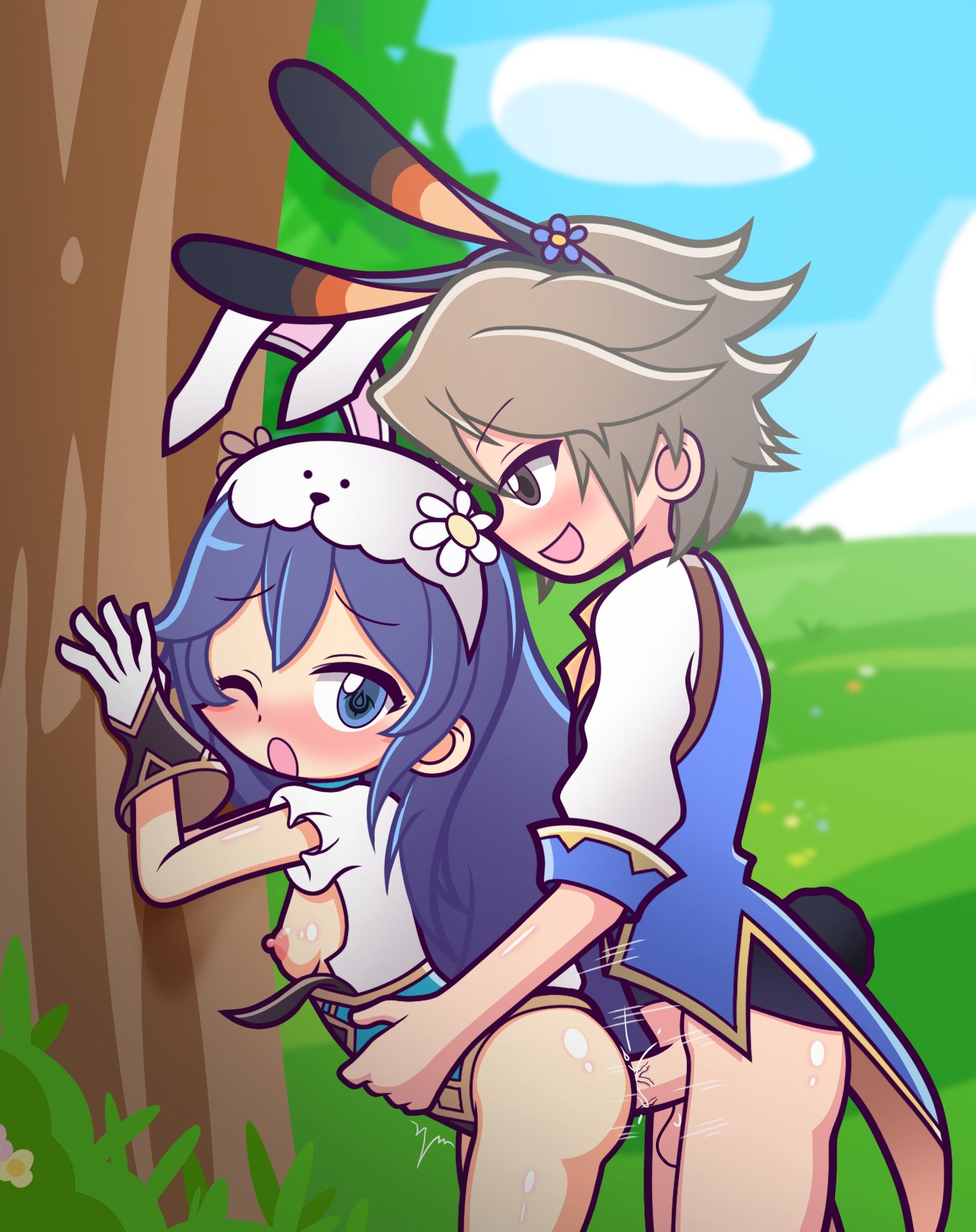 1boy 1girls against_tree blue_eyes blue_hair blush brand_of_the_exalt bunny_costume bunny_ears bunny_tail bunnysuit clothed_female clothed_male clothed_sex doggy_style exposed_breasts fire_emblem fire_emblem_awakening fire_emblem_heroes flower furii_(artist) gloves grass grass_field grey_hair inigo_(fire_emblem) inigo_(spring)_(fire_emblem) lucina_(fire_emblem) lucina_(spring)_(fire_emblem) one_eye_closed open_mouth outdoor_sex pantless penetration penetration_from_behind puyo_puyo_artstyle sex standing_doggy_style straight thrusting vaginal_juices vaginal_penetration vaginal_sex