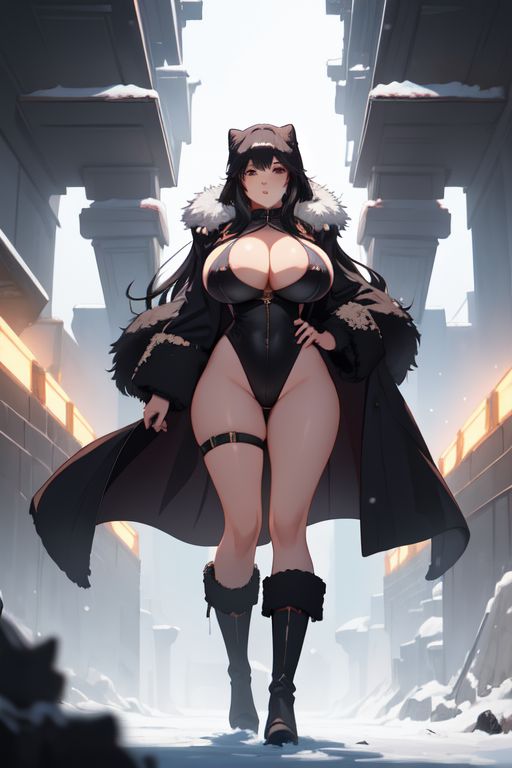 1girls ai_architecture ai_generated big_breasts boots breasts_bigger_than_head brown_eyes brown_hair cat_hat coat female female_only generic_ai_face light-skinned_female light_skin long_hair nipples parkinson_(artist) sico_(artist) sico_(character) snow