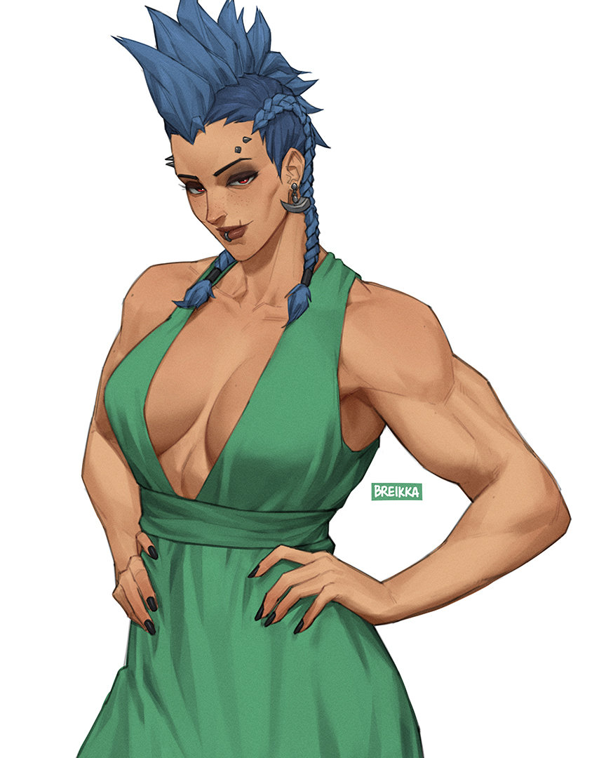 1girls armpits big_breasts black_nails blizzard_entertainment blue_hair braided_hair breasts breikka dress earrings fauxhawk_(hairstyle) female female_only fit fit_female junker_queen large_breasts looking_at_viewer muscular muscular_female odessa_stone overwatch overwatch_2 piercing pose posing red_eyes solo thick_thighs toned toned_female wide_hips