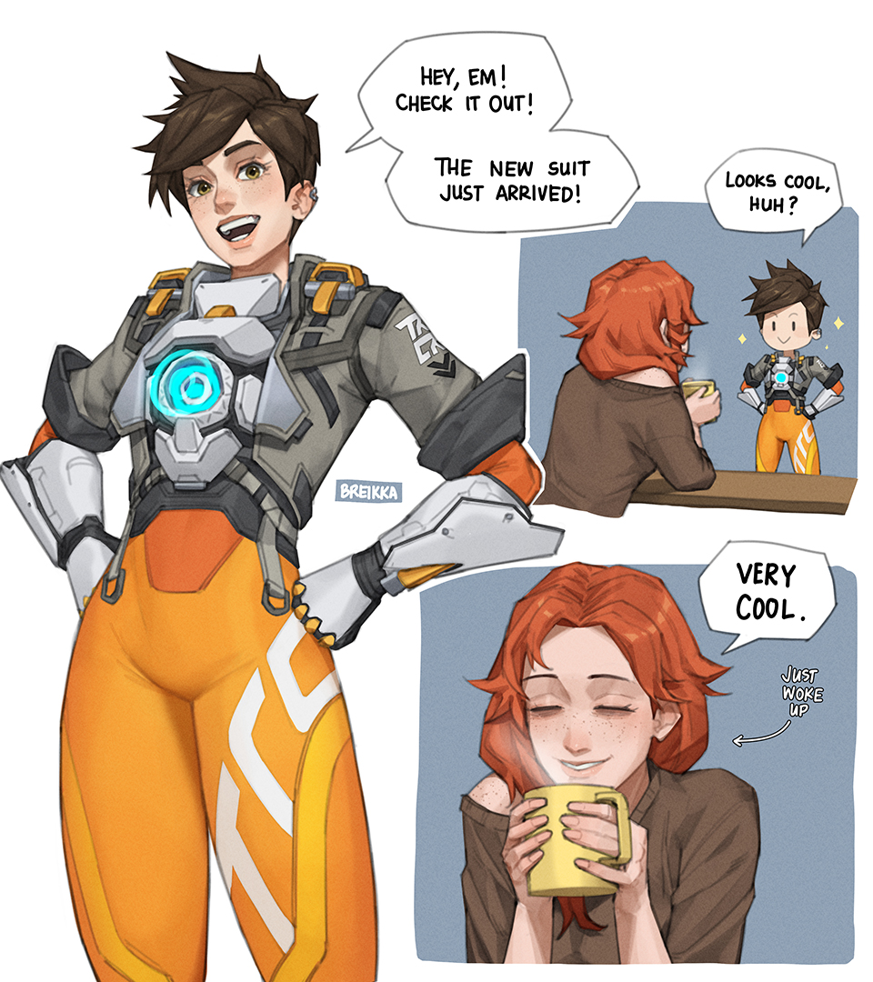 2girls, blizzard entertainment, bodysuit, breikka, canon couple, coffee, emily (overwatch), female, female only, freckles, girlfriend, light skin, light-skinned female, overwatch, overwatch 2, red hair, skin tight, skin tight suit, sleepy, tight bodysuit, tight clothing, tracer, tracer (overwatch 2 suit), yuri