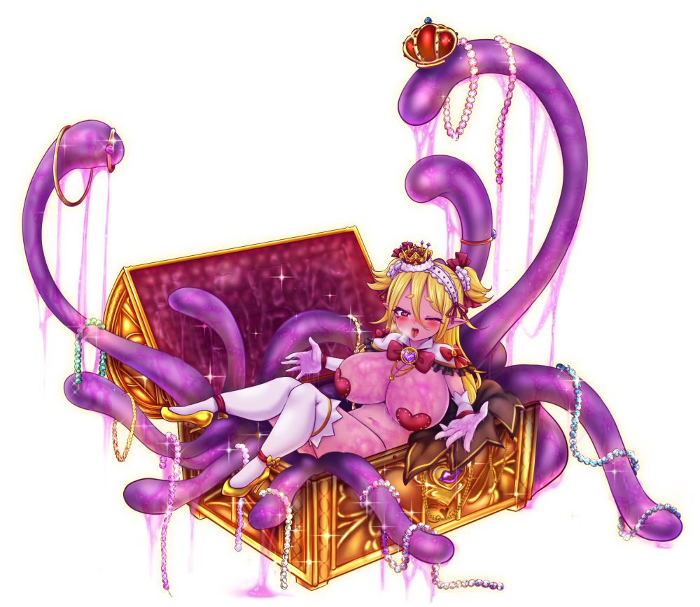 1girls big_breasts blonde_hair crown extended_arm gold_jewelry heart-shaped_pupils heart_shaped_nipple_covers huge_breasts jewelry long_hair magical_girl mimic monster_girl monster_girl_dreams pink_body pink_eyes treasure_chest wink winking_at_viewer