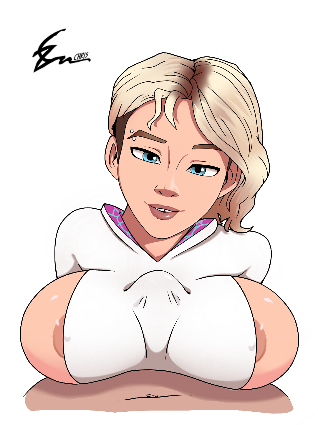 1boy, 1girls, alternate breast size, big breasts, breasts, eyebrow piercing, female, gwen stacy, male, marvel, marvel comics, paizuri, spider-gwen, spider-man: into the spider-verse, straight
