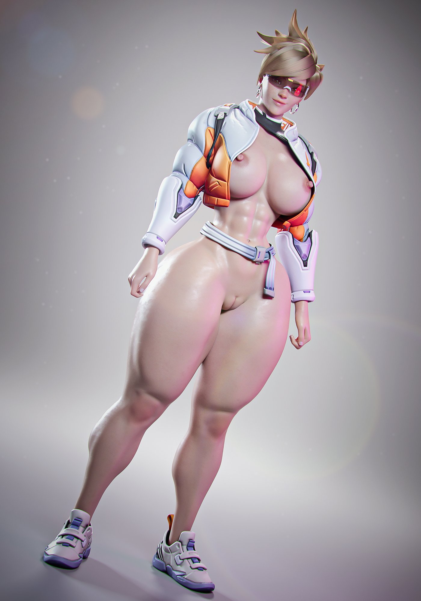 1girls, 3d, 3d (artwork), antifragile traysi, ass, audrix, big ass, big breasts, big butt, big thighs, blizzard entertainment, bottom heavy, breasts, brown hair, brown-tinted eyewear, busty, ear piercing, female, female focus, female only, functionally nude, heels, hi res, highres, hourglass figure, huge ass, huge butt, large ass, large butt, large thighs, le sserafim, messy hair, naked footwear, nipple bulge, overwatch, overwatch 2, round ass, simple background, solo, solo female, solo focus, standing, sunglasses, thick thighs, thighs, thunder thighs, tinted eyewear, tracer, voluptuous, voluptuous female, wide hips