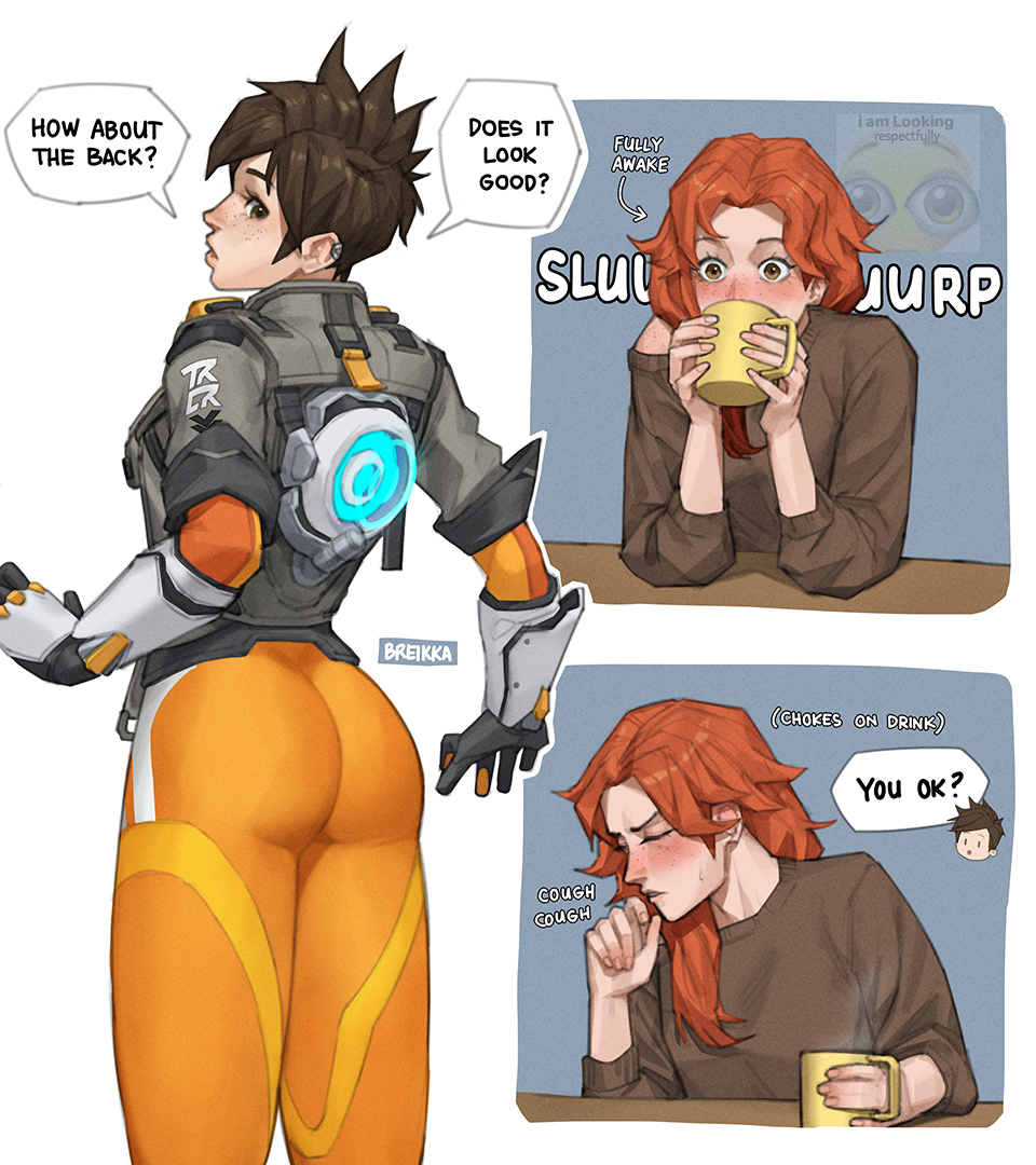 2girls ass blizzard_entertainment bodysuit breikka canon_couple coffee emily_(overwatch) female female_only freckles girlfriend light-skinned_female light_skin meme multiple_girls ogling overwatch overwatch_2 red_hair skin_tight skin_tight_suit tight_bodysuit tight_clothing tracer yuri