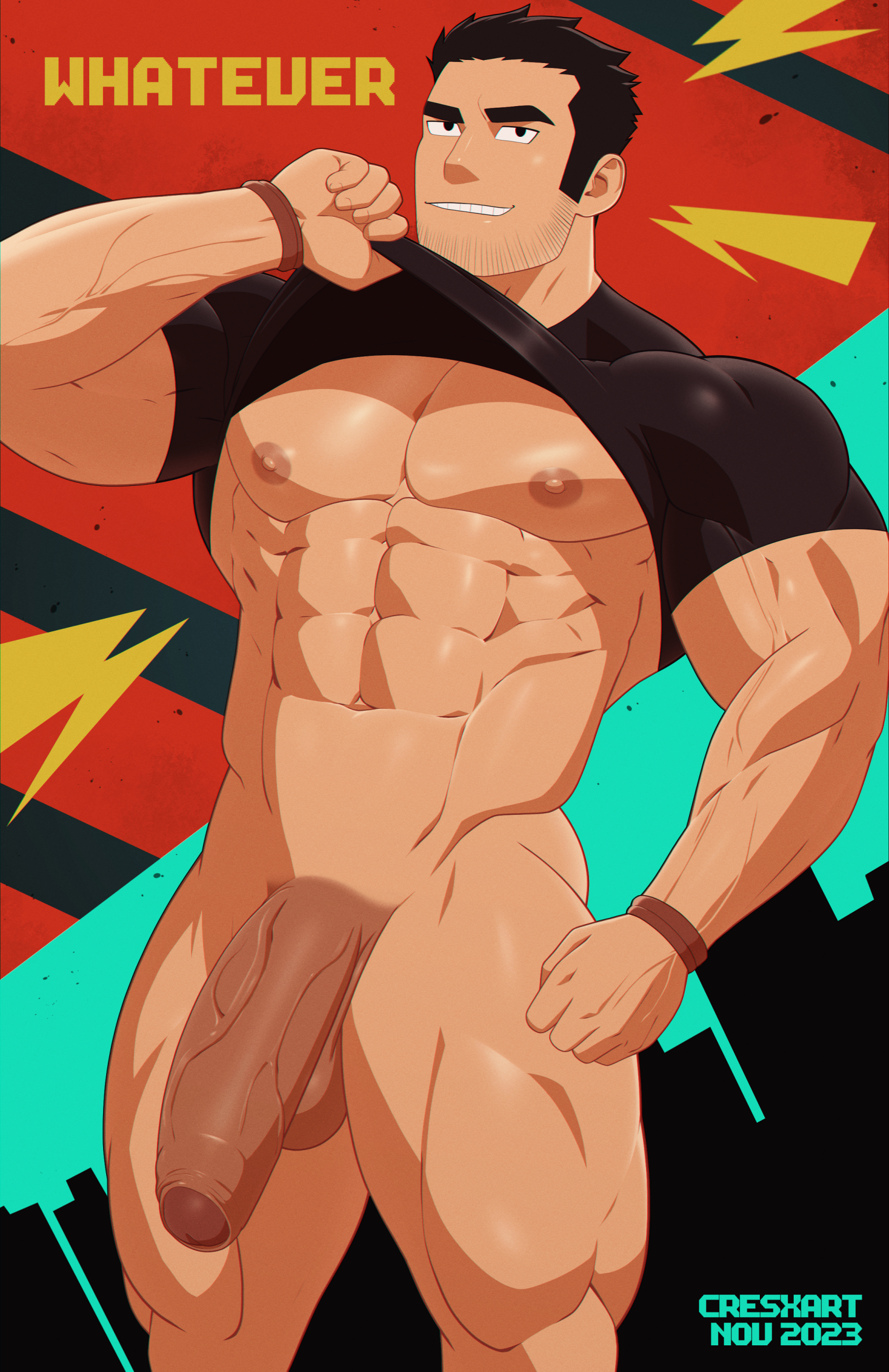 balls, bara, big penis, black hair, cresxart, facial hair, lucas lee, male, male only, muscles, muscular, pantsless, penis, scott pilgrim, shirt, shirt lift, solo, solo male, yaoi