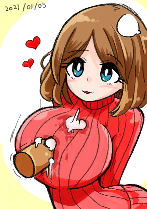 2021, artist request, big breasts, blush, breasts, brown hair, cum, cum between breasts, cum on breasts, cum through clothes, cyan eyes, eyebrows visible through hair, female, heart, light skin, light-skinned female, original character, paizuri, paizuri under clothes, simple background, sweater, tagme, unknown artist