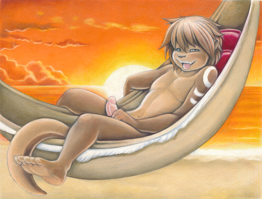 anthro barefoot brown_body brown_eyes brown_hair clothing collarbone erection feet ferloo fingers fuckboy fur gay genitals hair hammock humanoid_genitalia looking_at_viewer lutrai_(species) male mammal mustelid navel ollie_canal open_mouth otter penis pillow plantigrade sand shoreline smile solo toes water