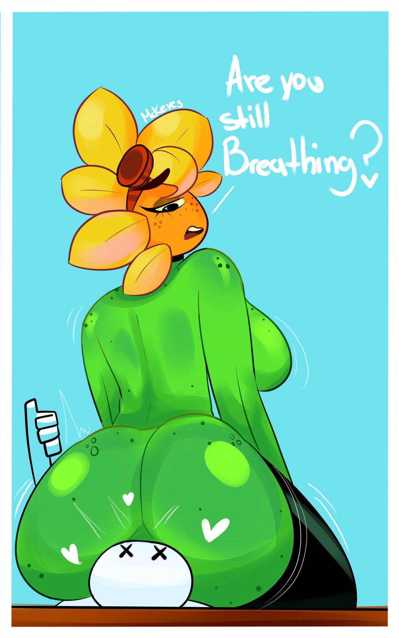 anon, ass, ass bigger than head, big ass, big butt, breasts, dead eyes, facesitting, female, freckles, freckles on ass, freckles on face, green body, heart, hearts, larger female, mckeyes, nose to anus, plantie, plants vs zombies, plants vs zombies: heroes, solar flare (pvz), stockings, sunflower (pvz), tagme, text