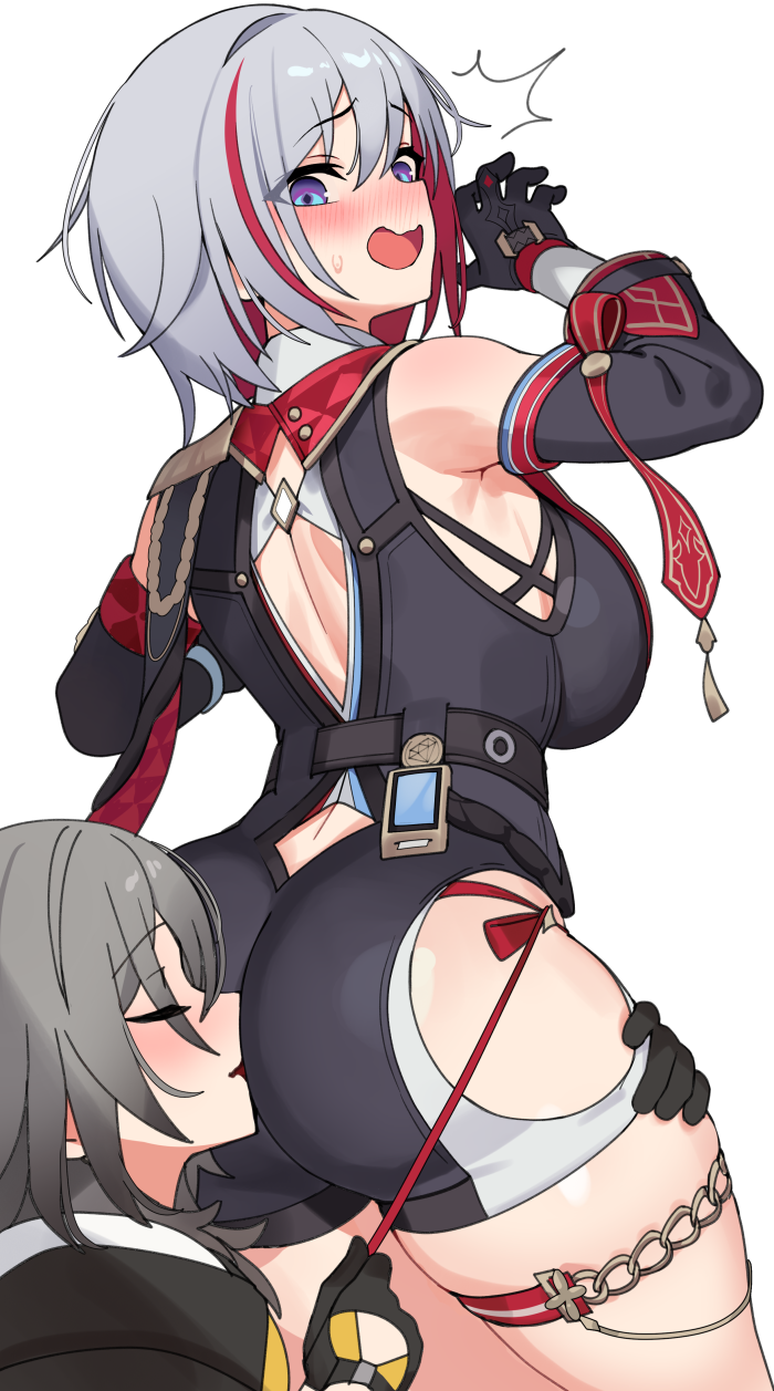 2girls ass bare_shoulders belt big_ass black_gloves blue_eyes blush breasts closed_mouth colored_inner_hair commentary face_in_ass female_pervert gloves grey_hair hair_between_eyes head_on_ass highres honkai:_star_rail honkai_(series) huge_ass large_breasts long_sleeves looking_back medium_hair multicolored_hair multiple_girls ndgd open_mouth pervert red_hair short_hair smelling_ass stelle_(honkai:_star_rail) streaked_hair thigh_strap thighs topaz_(honkai:_star_rail) two-tone_hair yuri