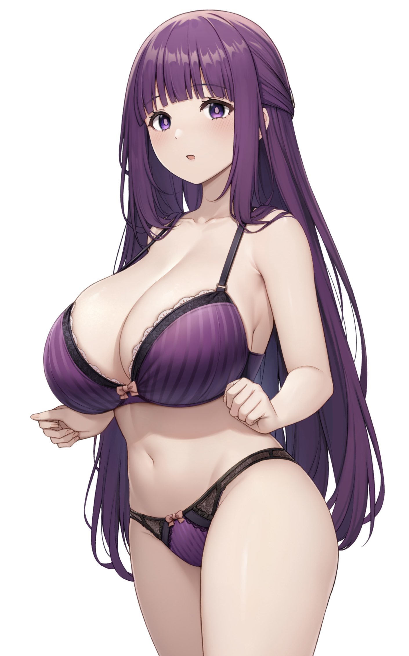 1girls :o alternate_breast_size bare_arms bare_shoulders blunt_bangs blush bow bow_bra bow_panties bra breasts cleavage collarbone female fern_(sousou_no_frieren) highres huge_breasts kannko_bokujou long_hair looking_at_viewer navel open_mouth paintcan panties plant purple_bra purple_eyes purple_hair purple_panties simple_background solo sousou_no_frieren stomach thighs underwear white_background