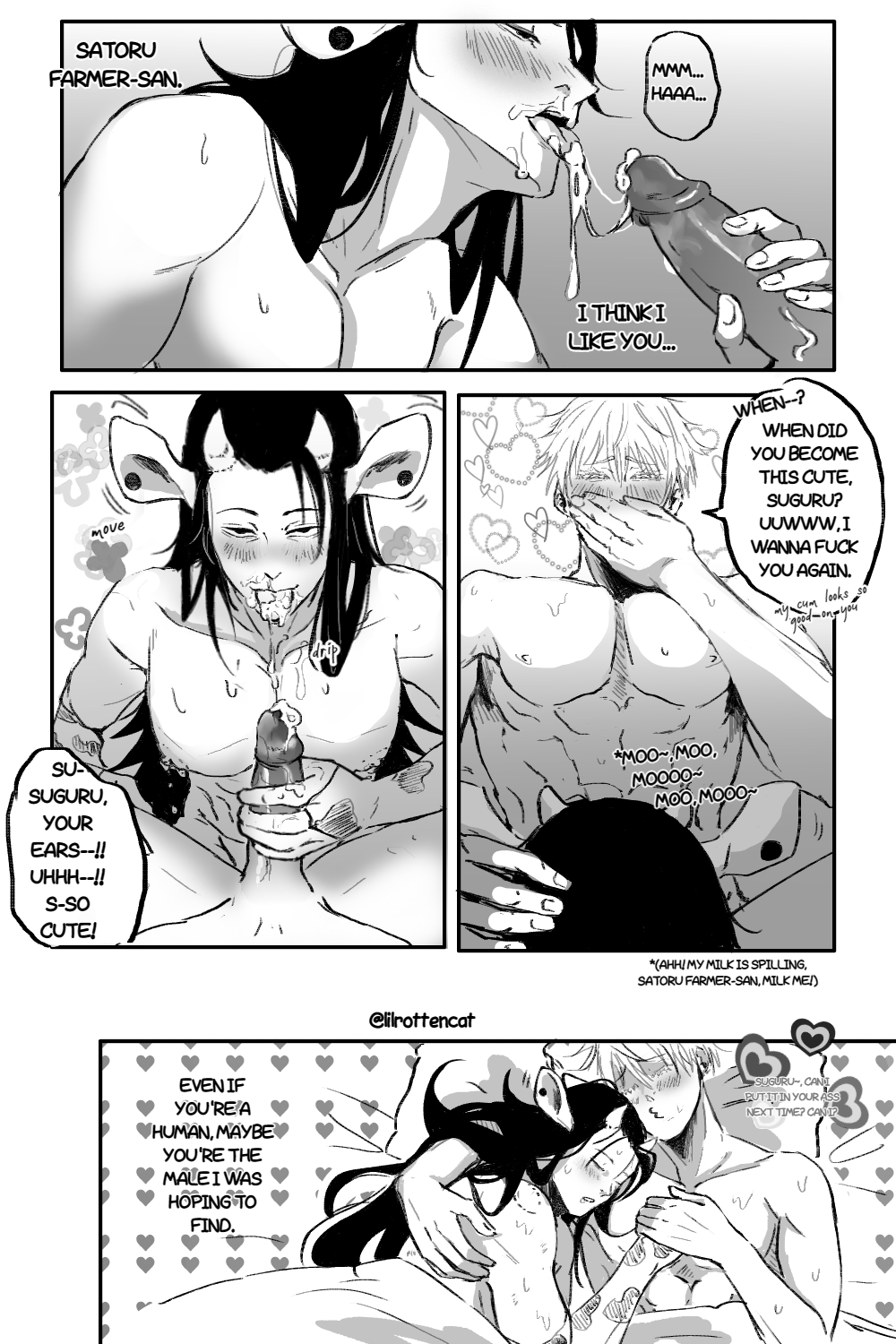 2boys, after sex, anal sex, anus, ass, before sex, big areola, big breasts, big nipples, big penis, bite, bite mark, black hair, blowjob, blush, breasts, comic, couple, cow ears, cow girl, cow horns, cow print, cum, cum in ass, cum in mouth, cum inside, cum on face, cuntboy, cuntboy with breasts, cuntboy/male, english text, erect nipples, fellatio, female, fucked from behind, gay, genital fluids, hand on ass, hand on butt, hand on hip, intersex, jujutsu kaisen, long hair, looking at partner, looking at viewer, male, male focus, male/male, masturbating while watching, masturbation, money, muscular, muscular male, nipples, oral, oral sex, orgasm, orgasm face, penetration, penis, pussy, pussy juice, pussy lips, rose, rubbing pussy, satoru gojo, stockings, suguru geto, sweat, uncensored, veiny penis, white hair, yaoi
