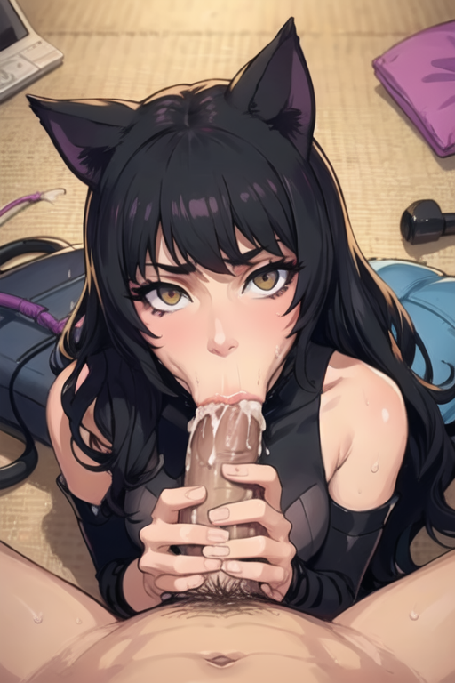 ai_generated blake_belladonna cat_ears cum cum_in_mouth looking_at_viewer pixai pov rooster_teeth rwby self_upload whisperinggale