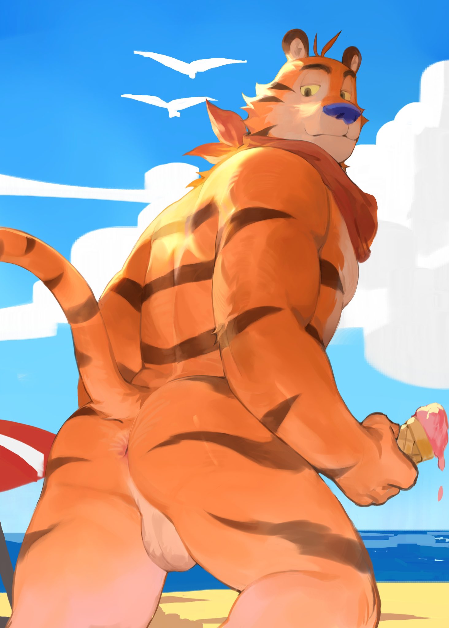 1boy 2023 anthro anus ass balls butt dessert felid food frosted_flakes fur genitals hi_res holding_food holding_ice_cream holding_object ice_cream kellogg's looking_at_viewer looking_back male male_only mammal mascot narrowed_eyes nude outdoors pantherine rear_view sand sea sky solo striped_body striped_fur stripes summer tail tiger tony_the_tiger water yuuko891