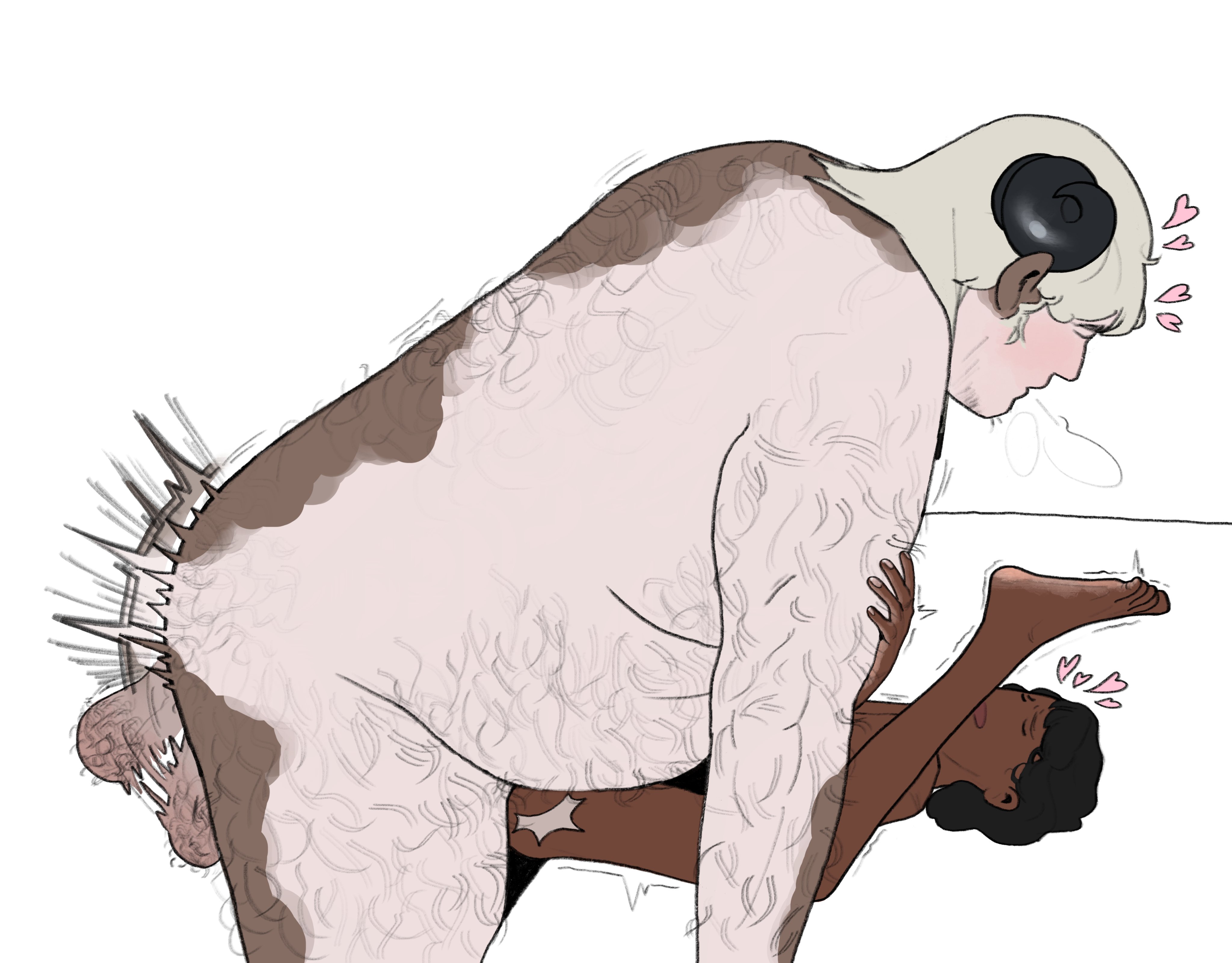 1boy, 1girls, balls, bbm, bhm, big balls, body hair, chubby, chubby male, couple, dark skin, dark-skinned female, daughterdottir, dominant male, female, hairy, hairy balls, hairy male, height difference, horns, humanoid, large balls, larger male, looking pleasured, male, male/female, maledom, monster boy, original, original character, original characters, overweight, overweight male, pounding, size difference, smaller female, straight, swinging balls, vitiligo