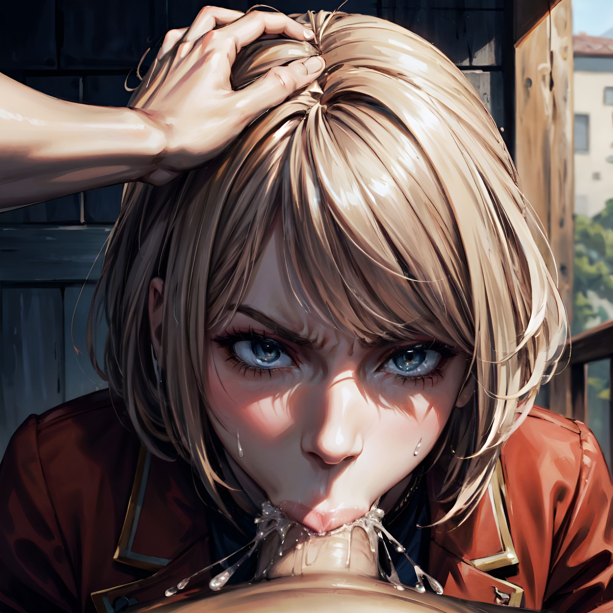 1girls, ai generated, angry, angry face, arbitrary, ashley graham, ashley graham (ella freya), blonde hair, blowjob, capcom, cum, cum in mouth, deepthroat, face fucking, fellatio, female, female focus, forced oral, hand on head, hi res, male, oral, oral creampie, penis, penis in mouth, pov, pov eye contact, resident evil, resident evil 4, resident evil 4 remake, short hair, stable diffusion, throat fuck