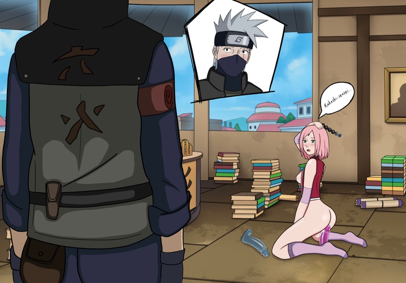 1boy 1girls anal_beads ass back back_view books bottomless breasts caught caught_masturbating dildo dildo_sitting dinaki frame hatake_kakashi indoors knee_socks kneehighs kneesocks kunoichi masturbating masturbation naruto naruto:_the_last naruto_(series) nipples on_knees open_mouth pink_hair pink_socks sakura_haruno scroll sitting socks speech_bubble stockings window