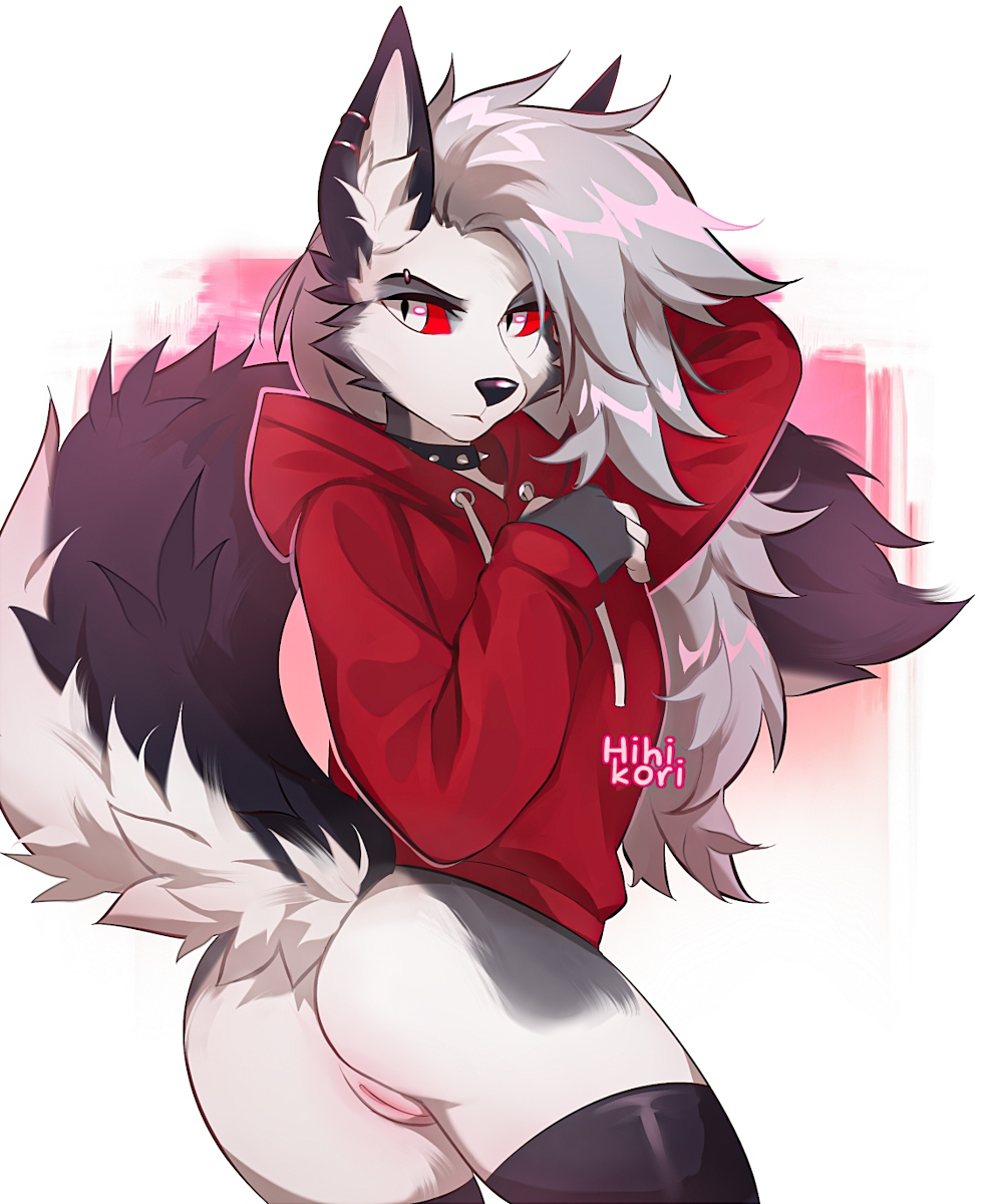 anthro ass bottomless canid canid_demon clothed clothing collar demon ear_piercing ear_ring female fingerless_gloves fluffy fluffy_tail fur genitals gloves grey_hair hair handwear hellhound helluva_boss hi_res hihikori hoodie inner_ear_fluff innie_pussy legwear loona_(helluva_boss) mammal no_underwear partially_clothed piercing pussy red_eyes ring_piercing solo spiked_collar spikes tail thigh_highs topwear tuft