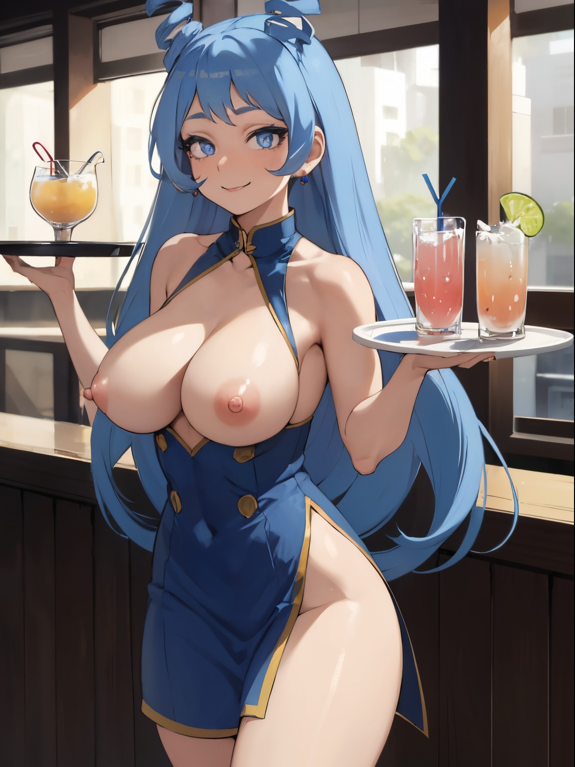 1girls, ai generated, alcohol, blue eyes, blue hair, breasts, dress, exposed breasts, female, female only, hadou nejire, holding object, my hero academia, nejire hado, solo, tagme, tray, userisbad, waitress
