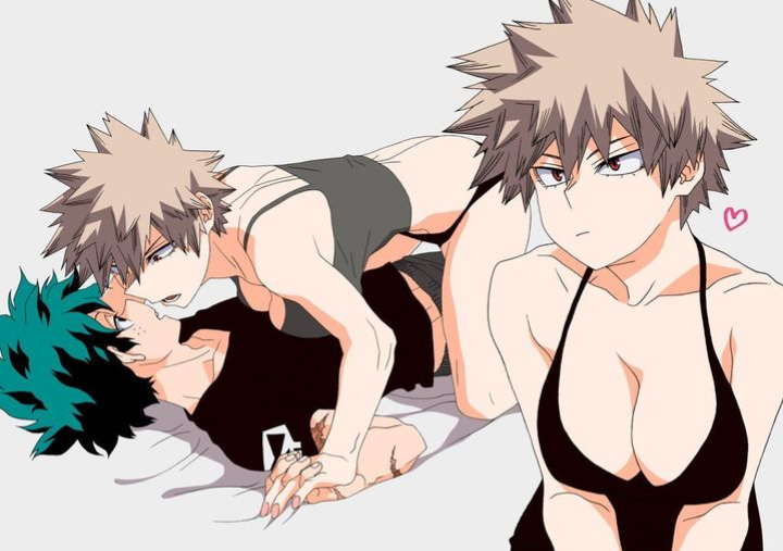 1boy 1girls bed_sheet black_bra blonde_hair boku_no_hero_academia bra dominant_female female female_bakugou femdom green_eyes green_hair hands_together heart holding_hands imminent_kiss imminent_sex izuku_midoriya katsuki_bakugou light_skin male male/female malesub messy_hair midoriya_izuku my_hero_academia red_eyes rule_63 scars scars_on_arm spiked_hair submissive_male