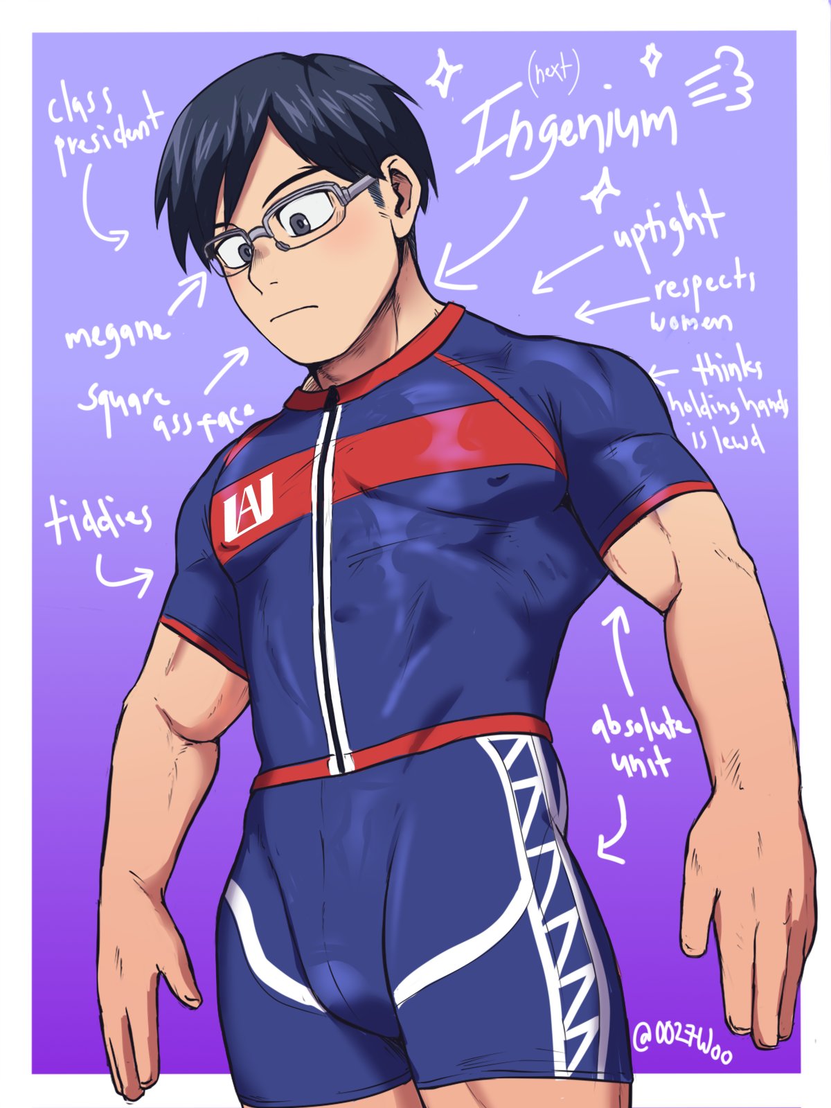 0027woo athletic_wear bulge dark_hair gay glasses male_only muscles my_hero_academia nipples_visible_through_clothing no_visible_genitalia pecs solo solo_male tenya_iida thighs tight_clothing