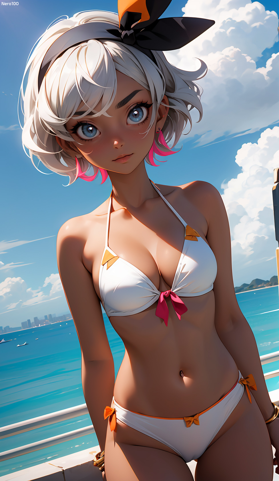 1girls, 2d, ai generated, artist name, ass, athletic, athletic female, bare midriff, bea (pokemon), bikini, bikini bottom, bikini top, blue eyes, blush, bracelets, breasts, cleavage, cloud, curvy, curvy figure, dark skin, dark-skinned female, detailed, eyelashes, eyeshadow, female, female only, fit, fit female, grey eyes, gym leader, hair ornament, hairband, high quality, human, human only, lips, lipstick, looking at viewer, mascara, medium breasts, nai diffusion, navel, nero100, nintendo, outdoors, outside, petite, pokemon, pokemon (game), pokemon ss, posing, seductive, seductive eyes, seductive look, seductive pose, short hair, silver hair, small breasts, solo, stable diffusion, standing, tan skin, teenage female, teenager, thick ass, thick thighs, thigh gap, thighs, thin, thin arms, thin female, thin waist, uncensored, white bikini, white hair, young