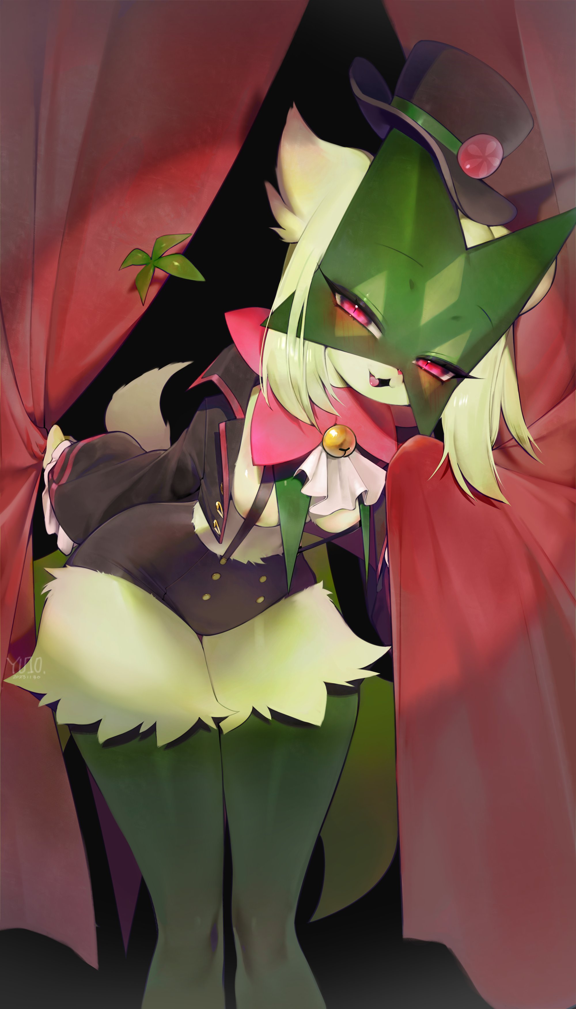 1girls, 2d, 2d (artwork), anthro, areolae, bell, blush, blushing, boobs, breasts, cat ears, cat girl, cat tail, clothed, covered nipples, digital drawing (artwork), exposed breasts, female, female only, front view, furry, furry only, green fur, hat, image, leaning forward, legs, looking at viewer, magician, magician hat, medium breasts, meowscarada, mostly clothed, no bra, open eyes, pink eyes, pokemon, pokemon (species), pokemon sv, standing, tail, thick, thick legs, thick thighs, thighs, tits, vest, yuio