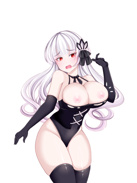 1girls big_breasts blush breasts breasts_out_of_clothes dekarous domina domina_(dekarous) exposed_breasts female gloves hora hora_(dekarous) panicking red_eyes standing thighs white_hair