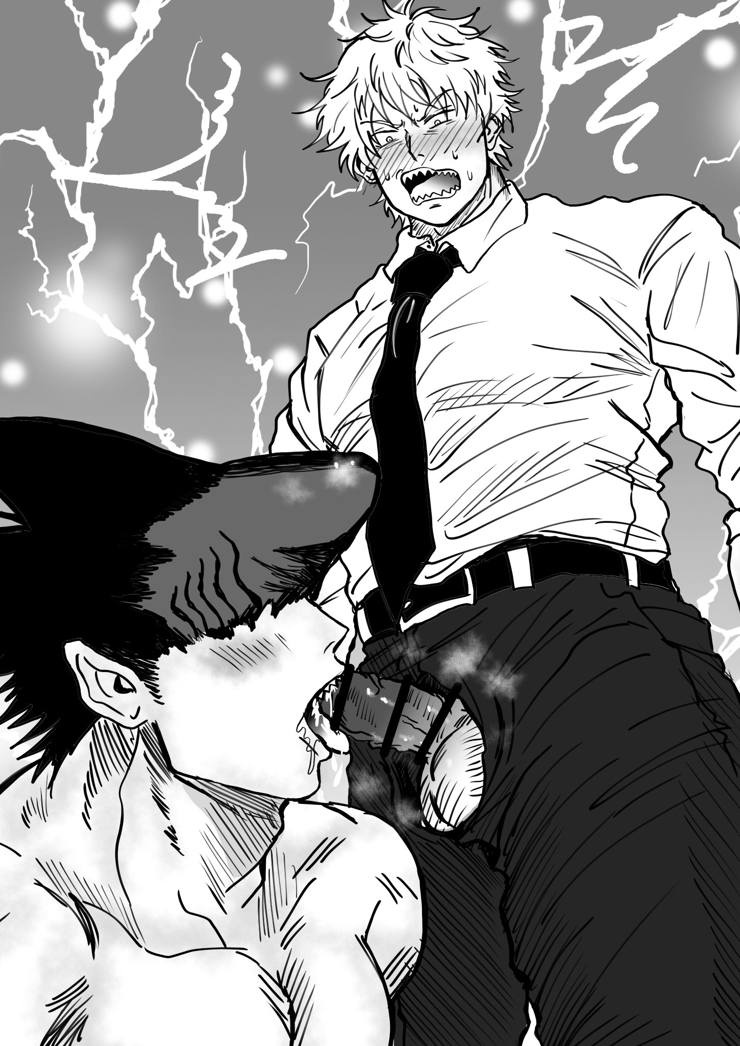 bara, beam (chainsaw man), black and white, blowjob, blush, chainsaw man, cum, cum in mouth, denji (chainsaw man), fellatio, gay, male, male/male, monochrome, muscular, muscular male, penis, sucking, sucking penis, tongue, tongue out, yaoi