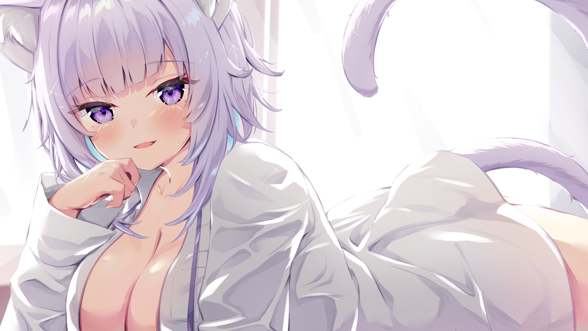 bottomless, breasts, center opening, cleavage, collared shirt, cute, female, hololive, hololive gamers, hololive japan, huge breasts, looking at viewer, lying on stomach, nekomata okayu, seductive, seductive look, seductive smile, virtual youtuber