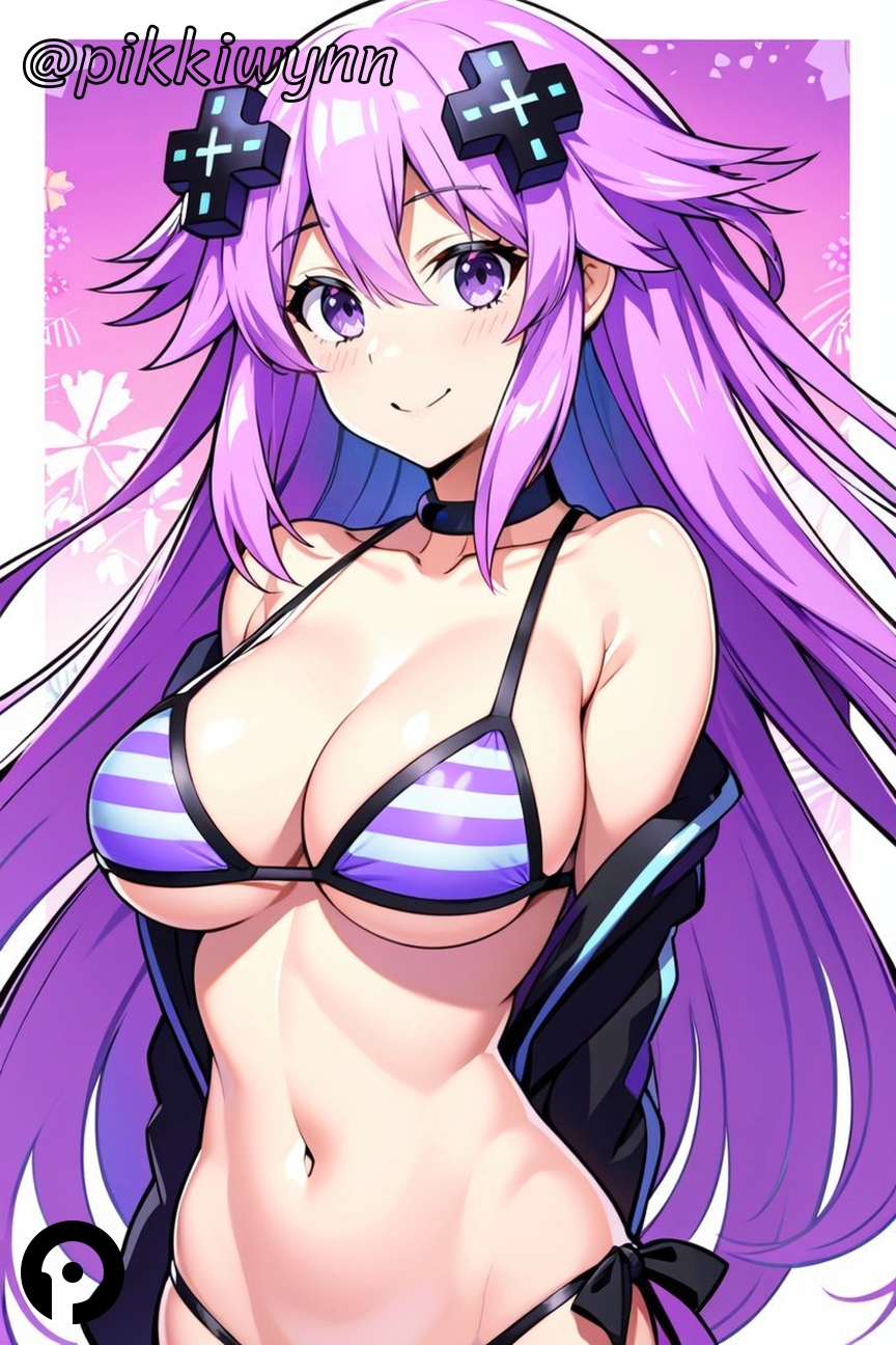 adult_neptune ai_generated bare_shoulders bikini black_choker black_jacket blush breasts choker cleavage collarbone d-pad d-pad_hair_ornament female hair_between_eyes hair_ornament jacket large_breasts long_hair looking_at_viewer navel neptunia_(series) off_shoulder pikkiwynn purple_eyes purple_hair smile solo stomach striped striped_bikini swimsuit