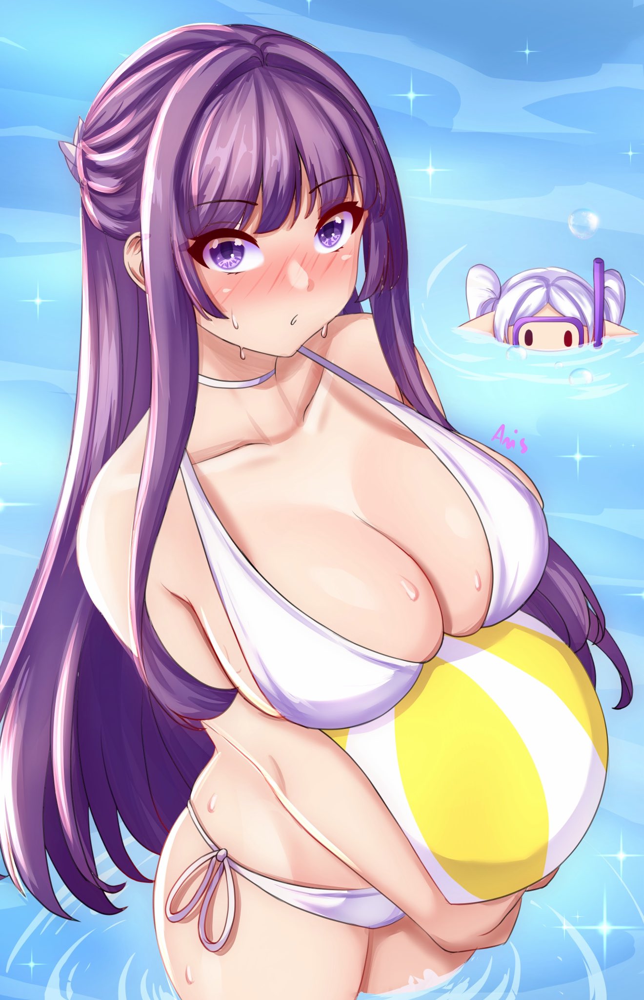 anisdrawn, breasts, female, female only, fern (sousou no frieren), frieren, looking at viewer, purple eyes, purple hair, solo, sousou no frieren, tagme