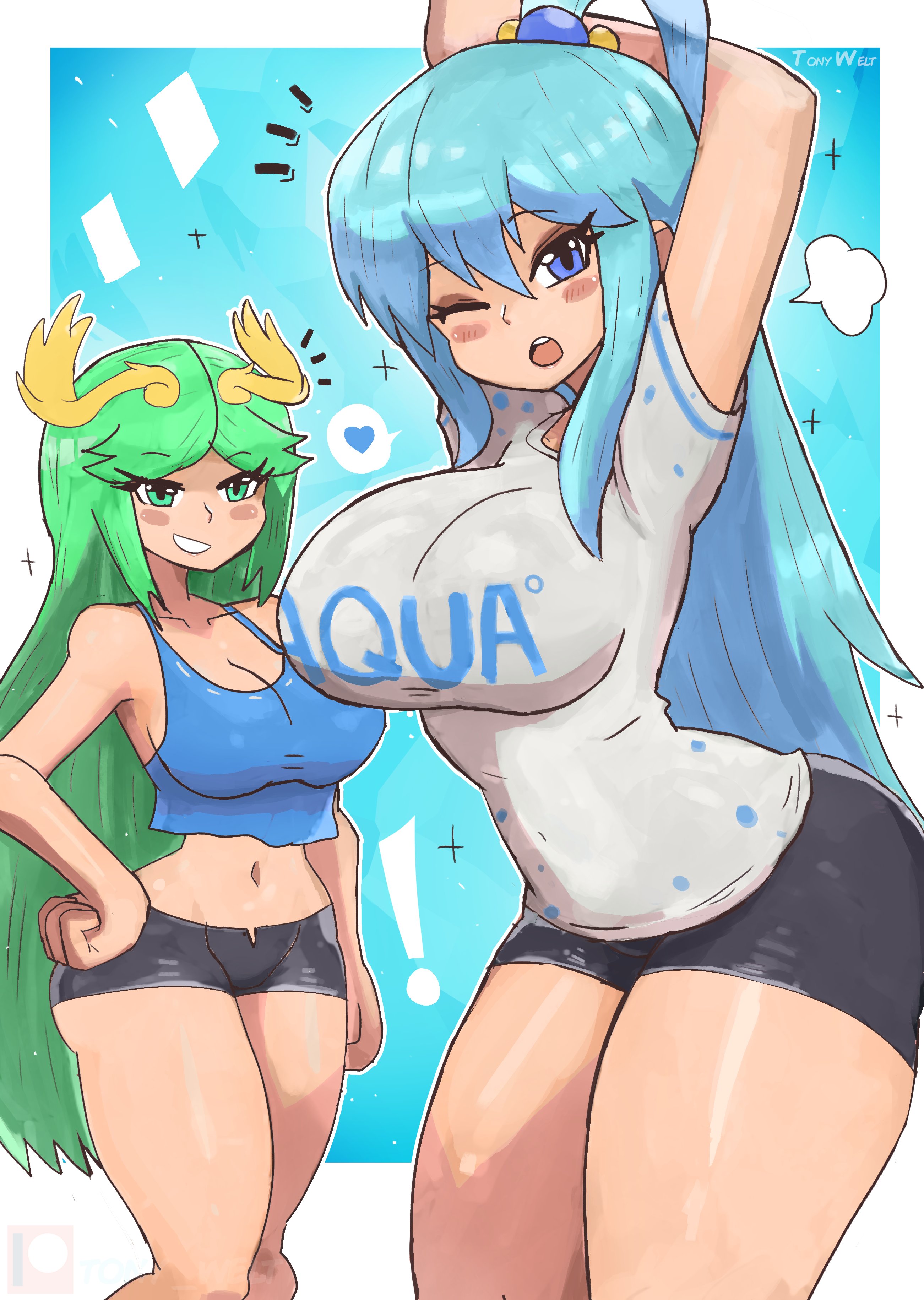 2girls, aqua (konosuba), big breasts, blue eyes, blue hair, breasts, crossover, female, female only, goddess, green eyes, green hair, kid icarus, kono subarashii sekai ni shukufuku wo!, large breasts, nintendo, palutena, thick thighs, thighs, tony welt