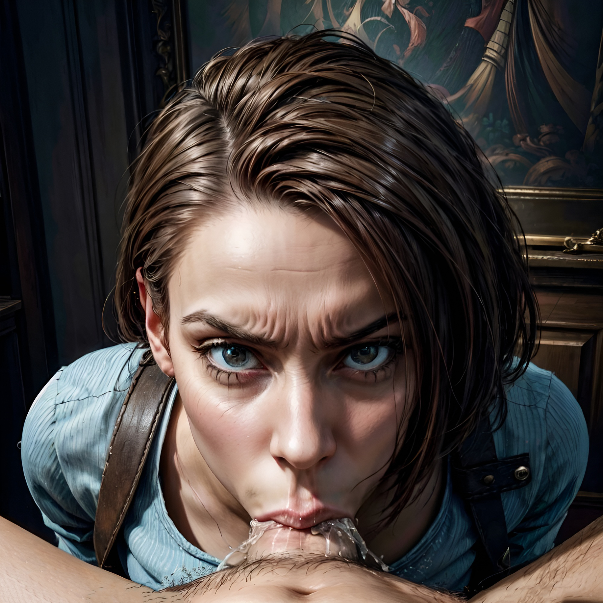 1girls, ai generated, all the way to the base, angry, angry face, arbitrary, blowjob, blowjob face, brown hair, capcom, cum, cum in mouth, deepthroat, fellatio, female, female focus, hi res, jill valentine, jill valentine (sasha zotova), male, oral, oral creampie, penis, penis in mouth, pov, pov eye contact, resident evil, resident evil 3, resident evil 3 remake, short hair, stable diffusion, throat fuck