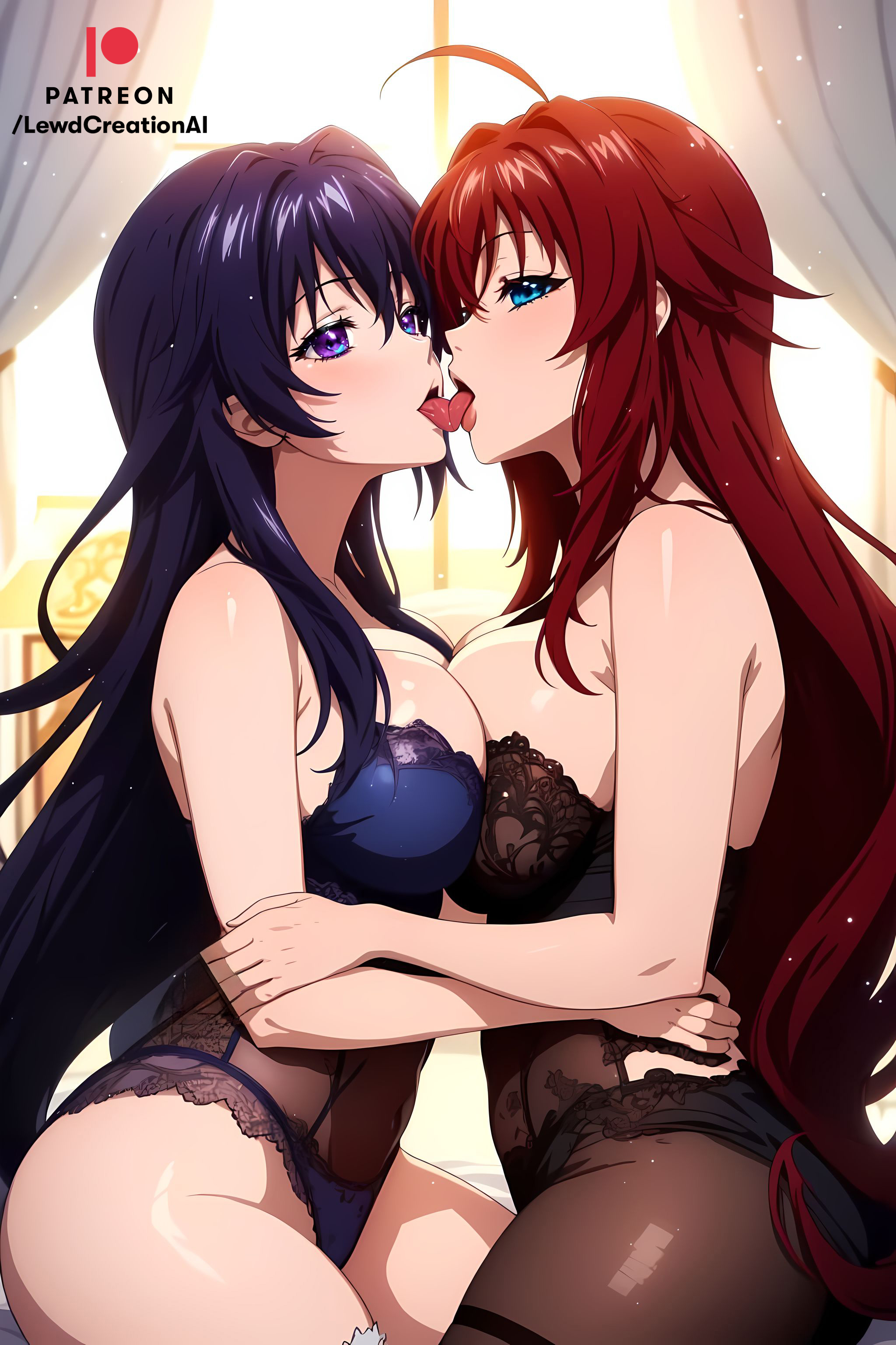 2girls, ai generated, akeno himejima, big breasts, blue eyes, blush, blushing at viewer, breast to breast, breasts, breasts together, cleavage, curvaceous, curvy, curvy female, curvy figure, drool, drooling, drooling tongue, female, female only, french kiss, french kissing, high school dxd, huge breasts, kissing, large breasts, lesbian kiss, lewdcreationsai, lingerie, looking at viewer, nipples, red hair, rias gremory, smile, stable diffusion, thick thighs, thighs, tongue, tongue kiss, tongue out, yuri