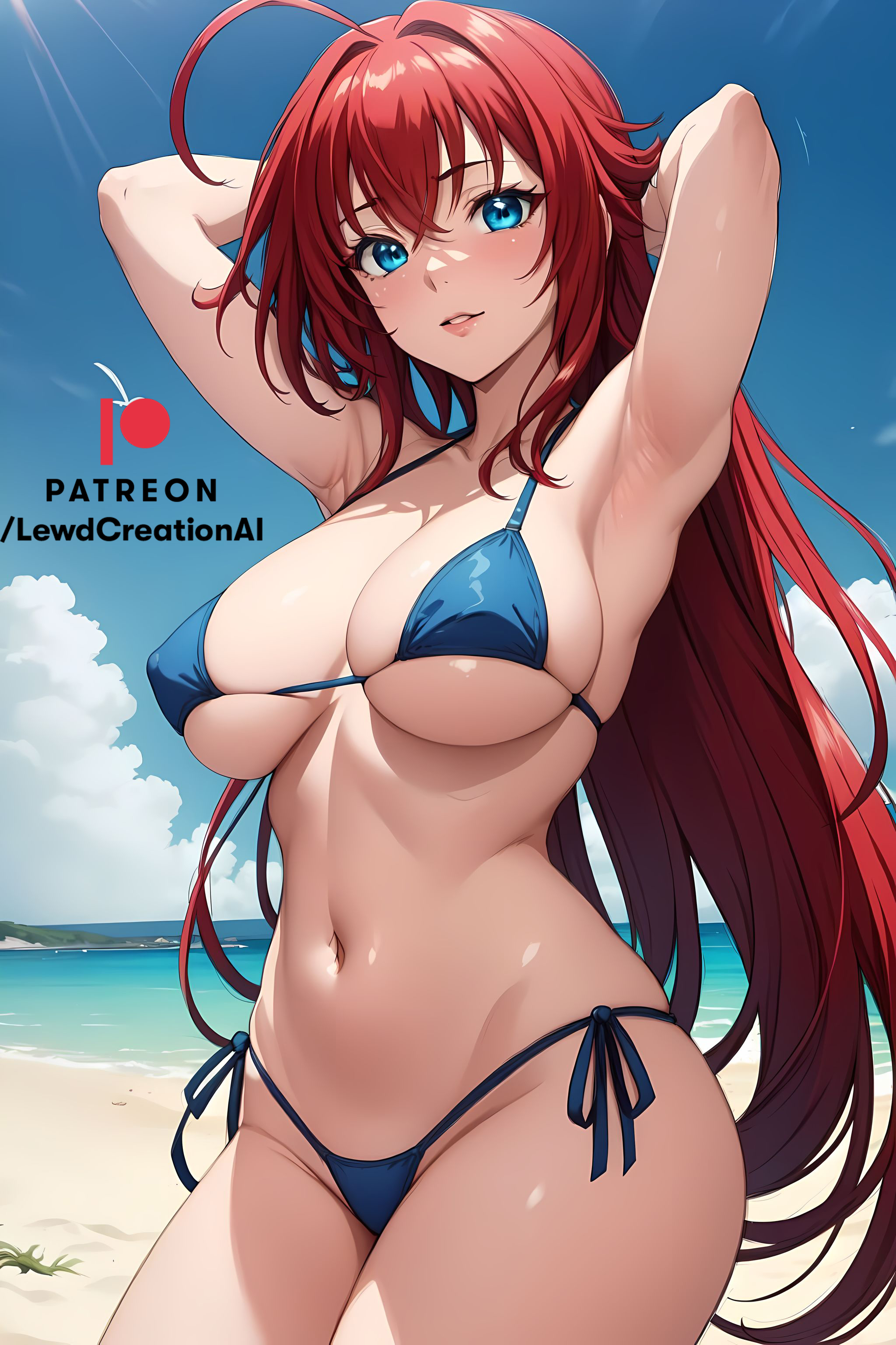 ai generated, armpit, armpit crease, armpit fetish, armpits, arms up, big breasts, bikini, bikini bottom, bikini top, blue eyes, blush, blushing at viewer, breasts, cleavage, covered nipples, curvaceous, curvy, curvy female, curvy figure, female, female only, from below, high school dxd, huge breasts, large breasts, lewdcreationsai, looking at viewer, navel, nipple bulge, nipples, outdoors, red hair, rias gremory, smile, stable diffusion, thick thighs, thighs