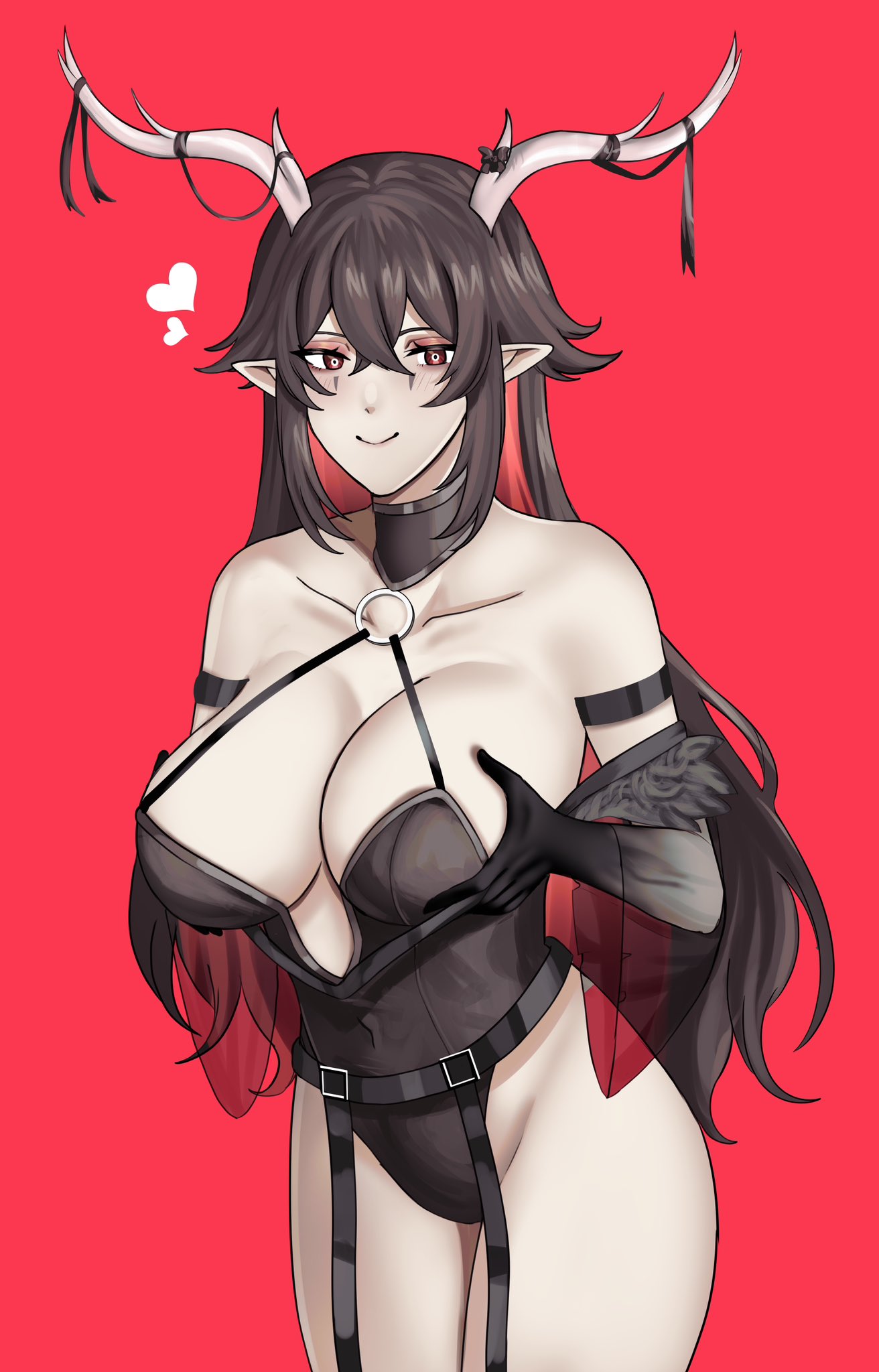 1girls antler_ornament antlers black_hair blush breast_grab breast_hold breasts cleavage clothed clothing devora_mori female female_only goth goth_girl heart huge_breasts indie_virtual_youtuber light-skinned_female light_skin loptimizer monster_girl pointy_ears red_background red_eyes seductive simple_background smile solo virtual_youtuber